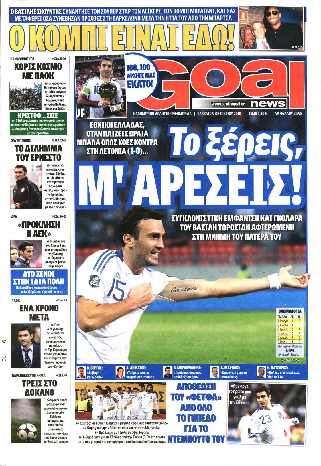 Εξώφυλο εφημερίδας GOAL 2010-10-09