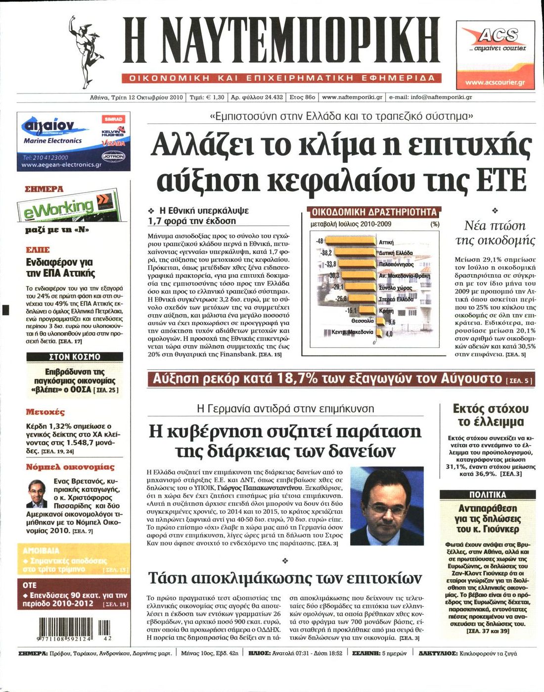 Εξώφυλο εφημερίδας ΝΑΥΤΕΜΠΟΡΙΚΗ 2010-10-12