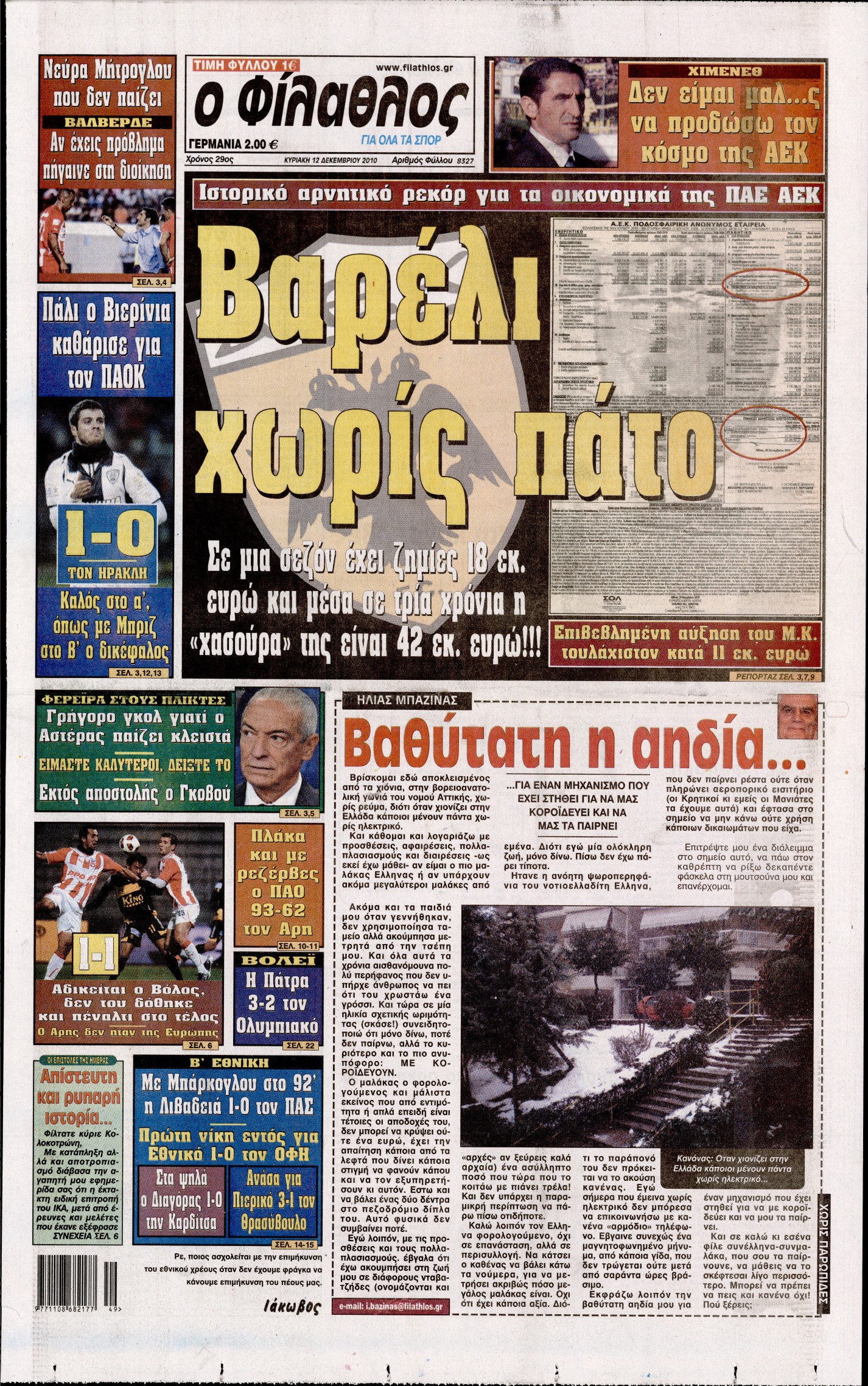 Εξώφυλο εφημερίδας ΦΙΛΑΘΛΟΣ 2010-12-12