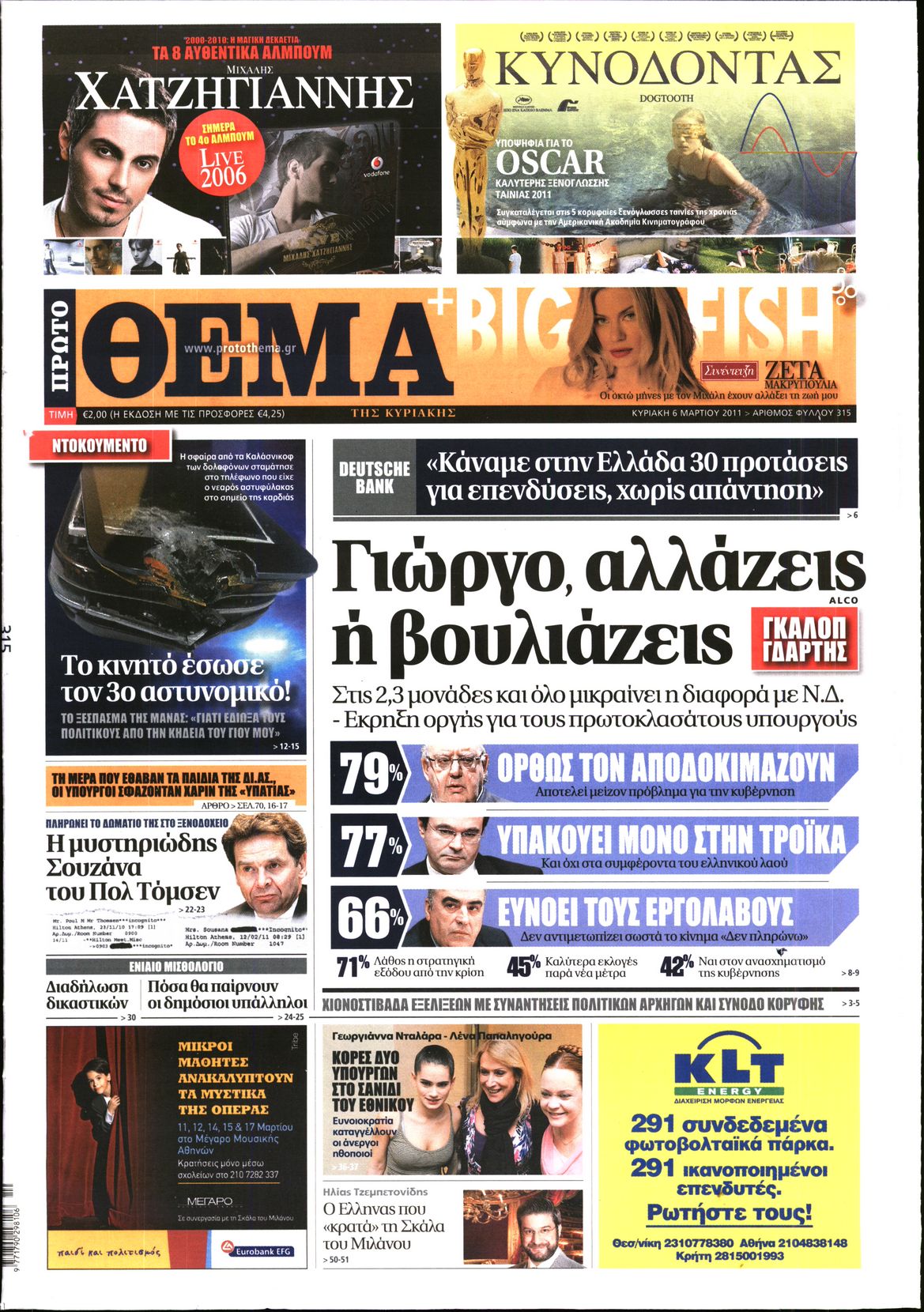 Εξώφυλο εφημερίδας ΠΡΩΤΟ ΘΕΜΑ 2011-03-06