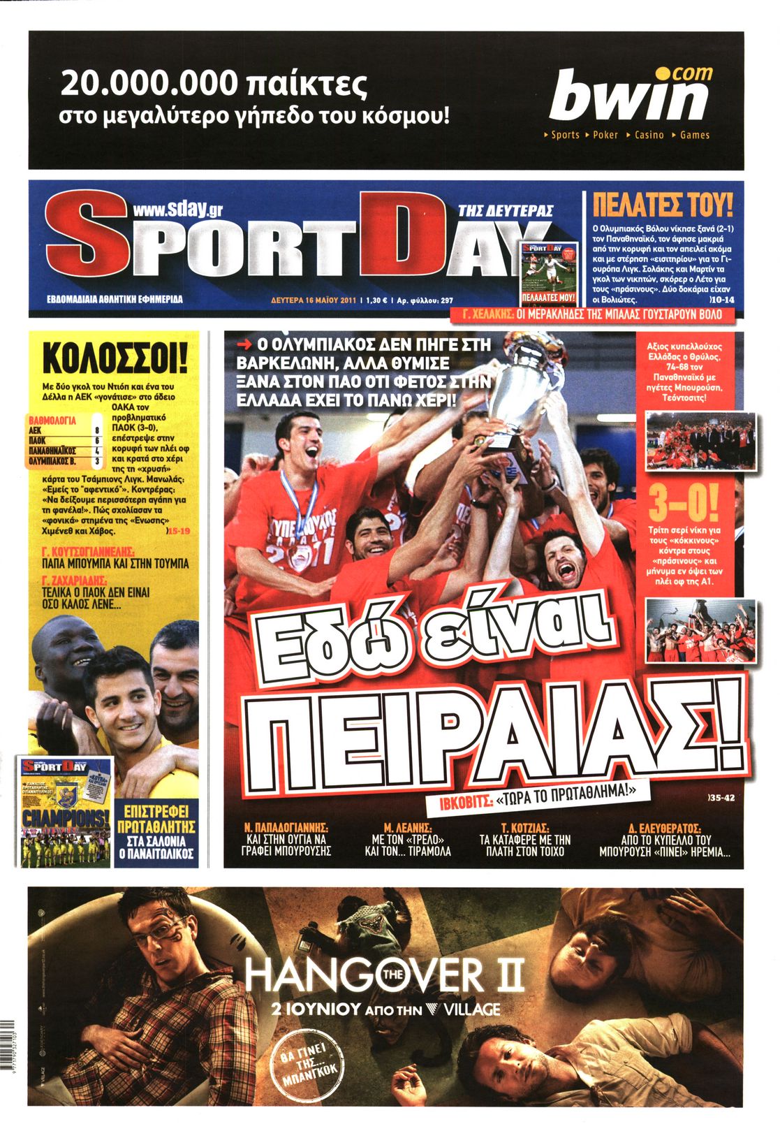 Εξώφυλο εφημερίδας SPORTDAY 2011-05-16