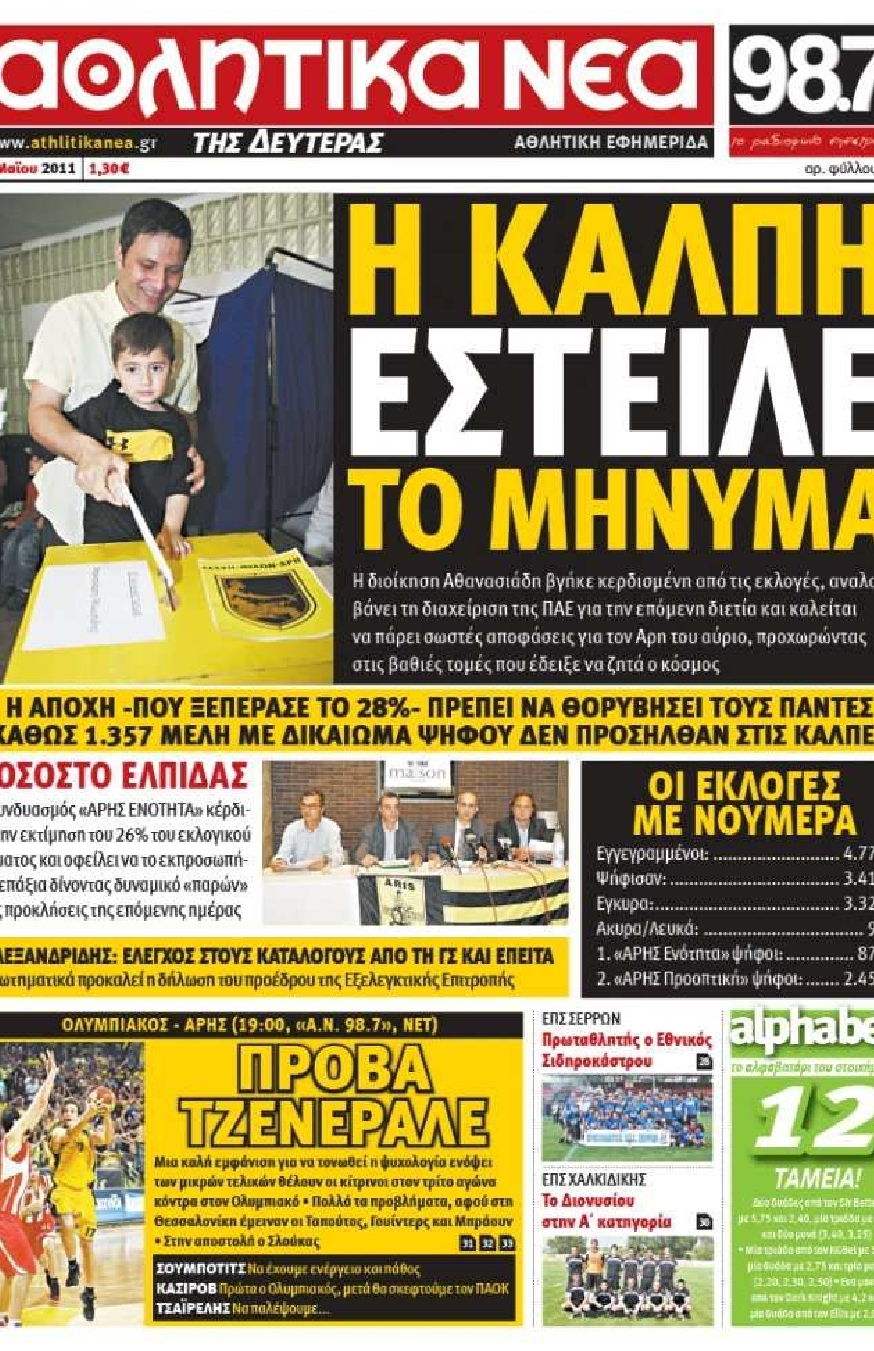 Εξώφυλο εφημερίδας ΑΘΛΗΤΙΚΑ ΝΕΑ 2011-05-23