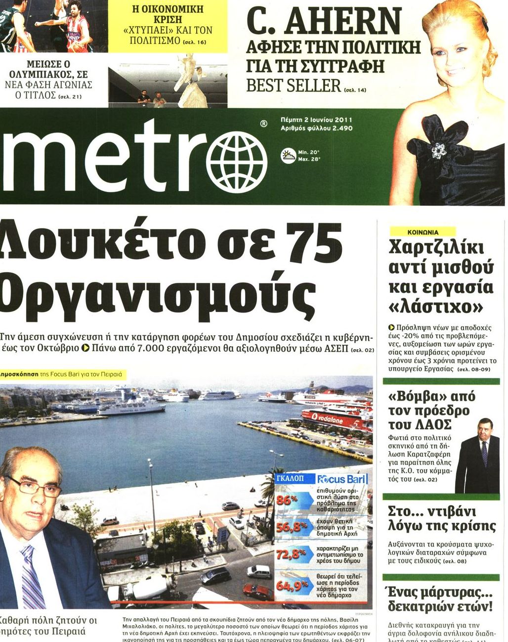 Εξώφυλο εφημερίδας METRO 2011-06-02