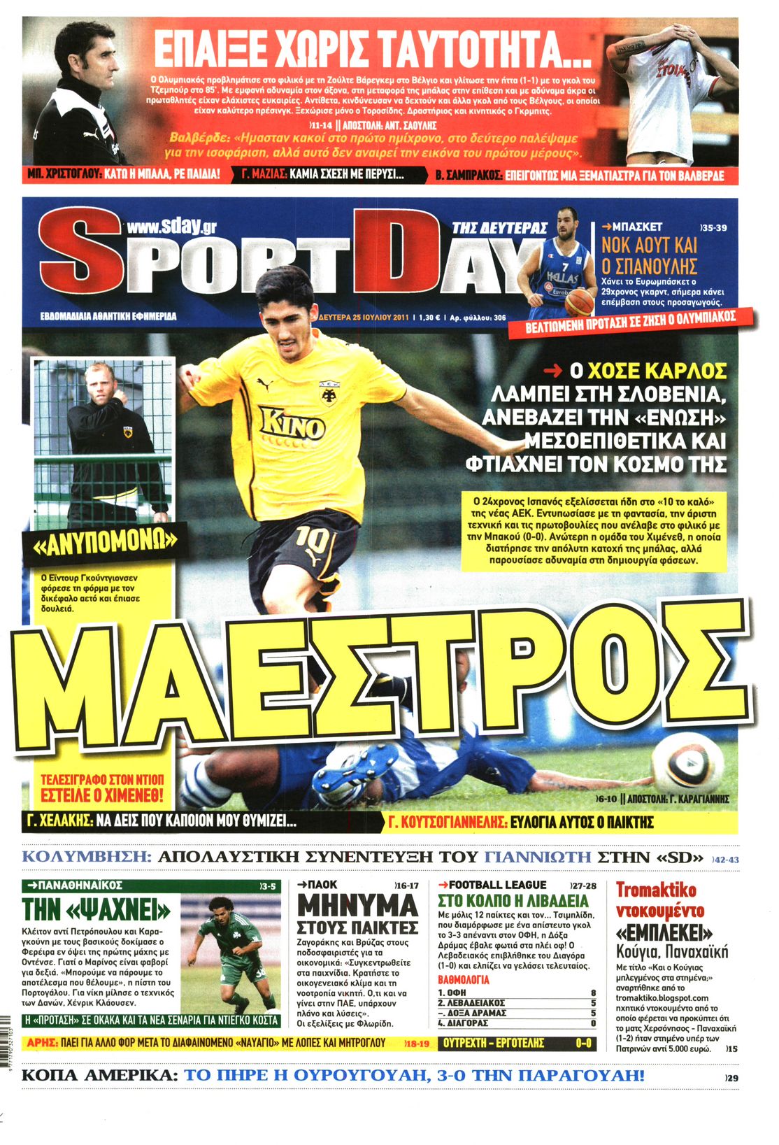 Εξώφυλο εφημερίδας SPORTDAY 2011-07-25