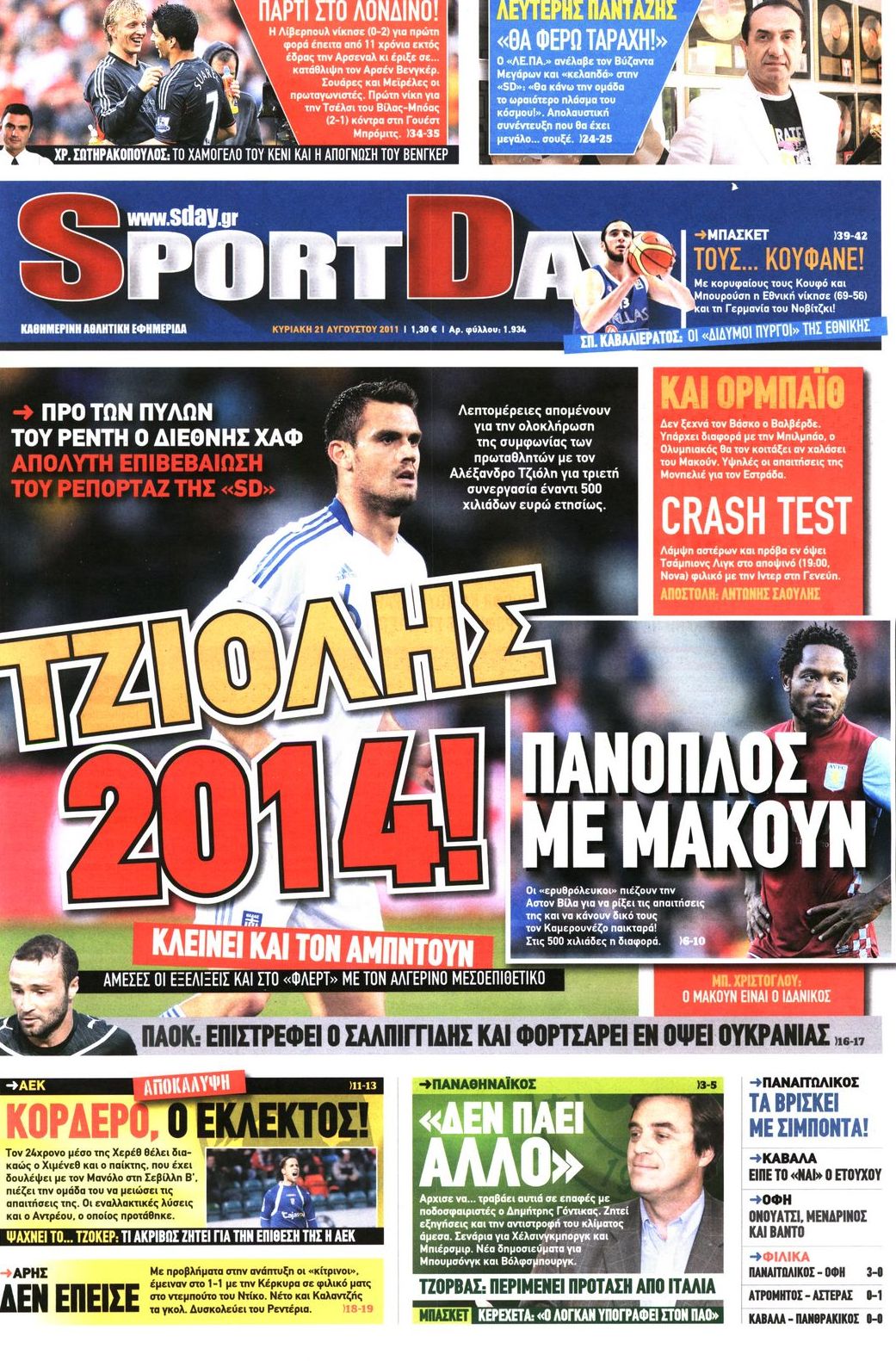 Εξώφυλο εφημερίδας SPORTDAY 2011-08-21