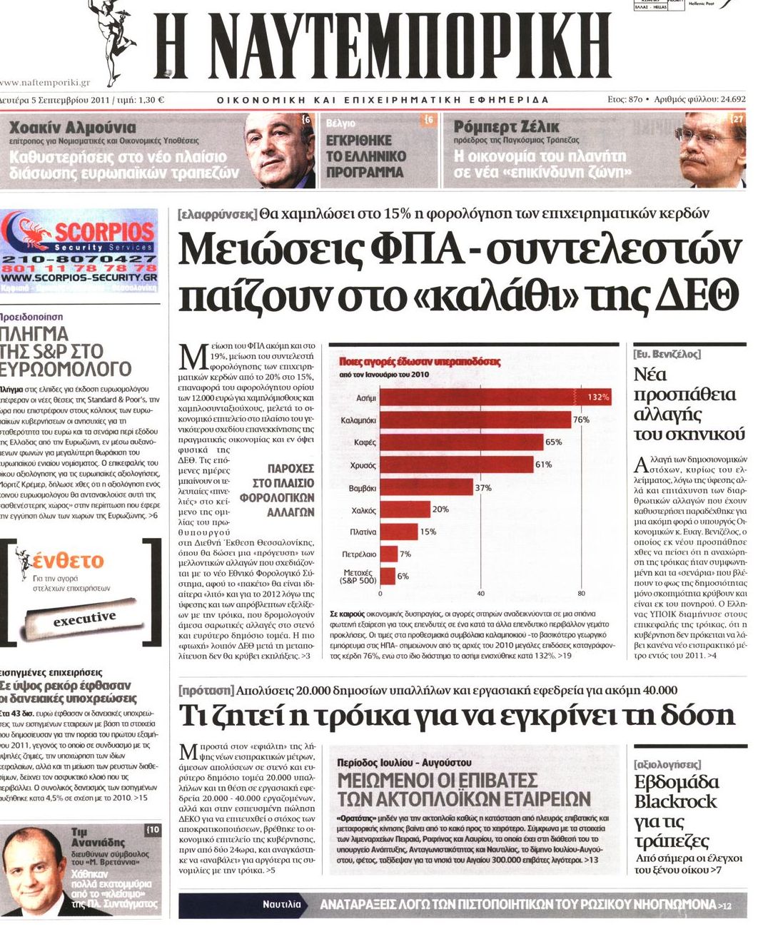 Εξώφυλο εφημερίδας ΝΑΥΤΕΜΠΟΡΙΚΗ 2011-09-05