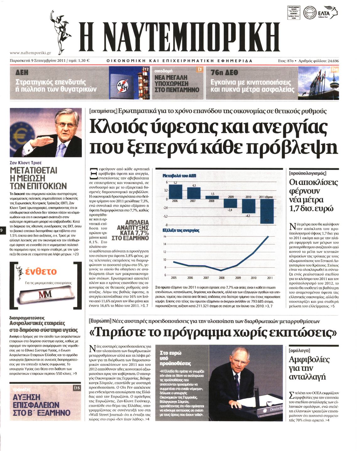 Εξώφυλο εφημερίδας ΝΑΥΤΕΜΠΟΡΙΚΗ 2011-09-09
