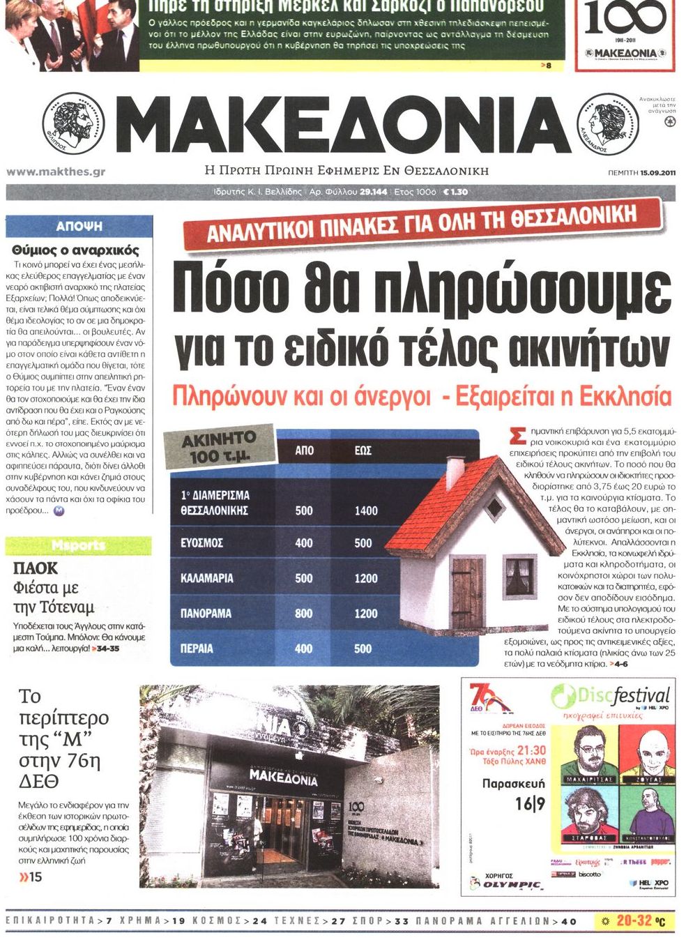Εξώφυλο εφημερίδας ΜΑΚΕΔΟΝΙΑ 2011-09-15