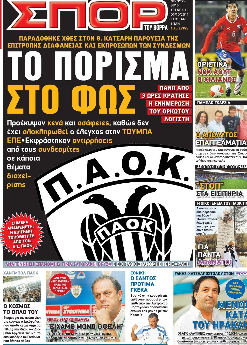 Εξώφυλο εφημερίδας ΣΠΟΡ ΤΟΥ ΒΟΡΡΑ 2011-10-05