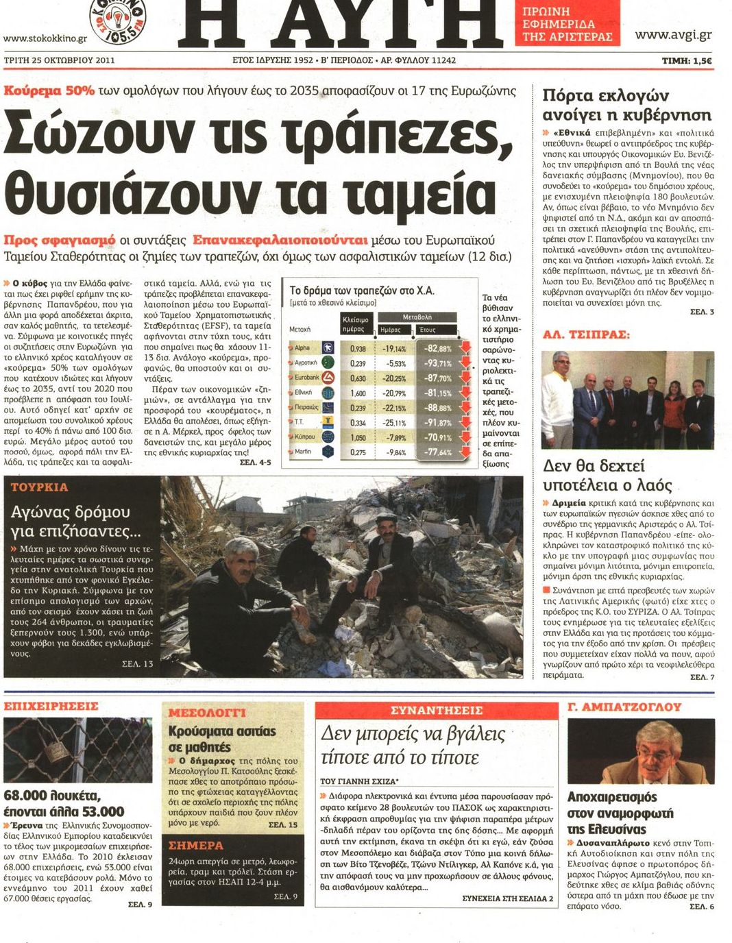 Εξώφυλο εφημερίδας ΑΥΓΗ 2011-10-25