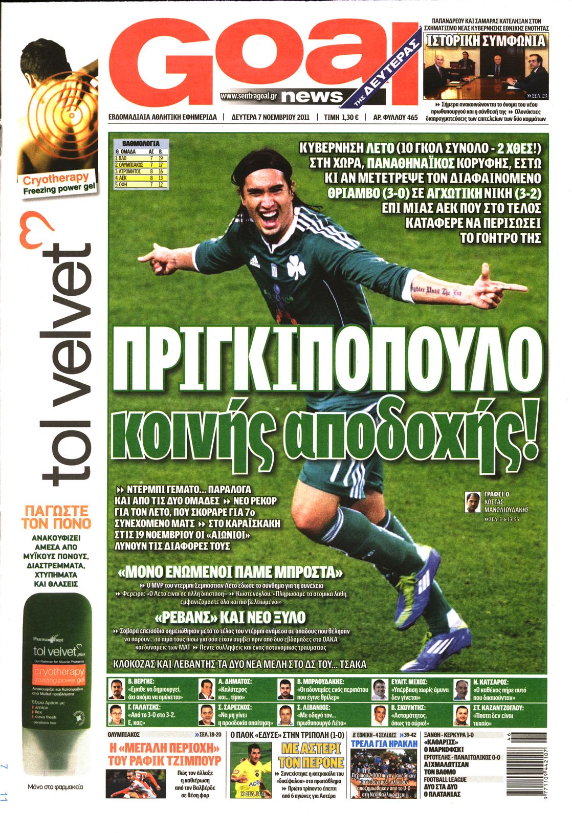 Εξώφυλο εφημερίδας GOAL 2011-11-07
