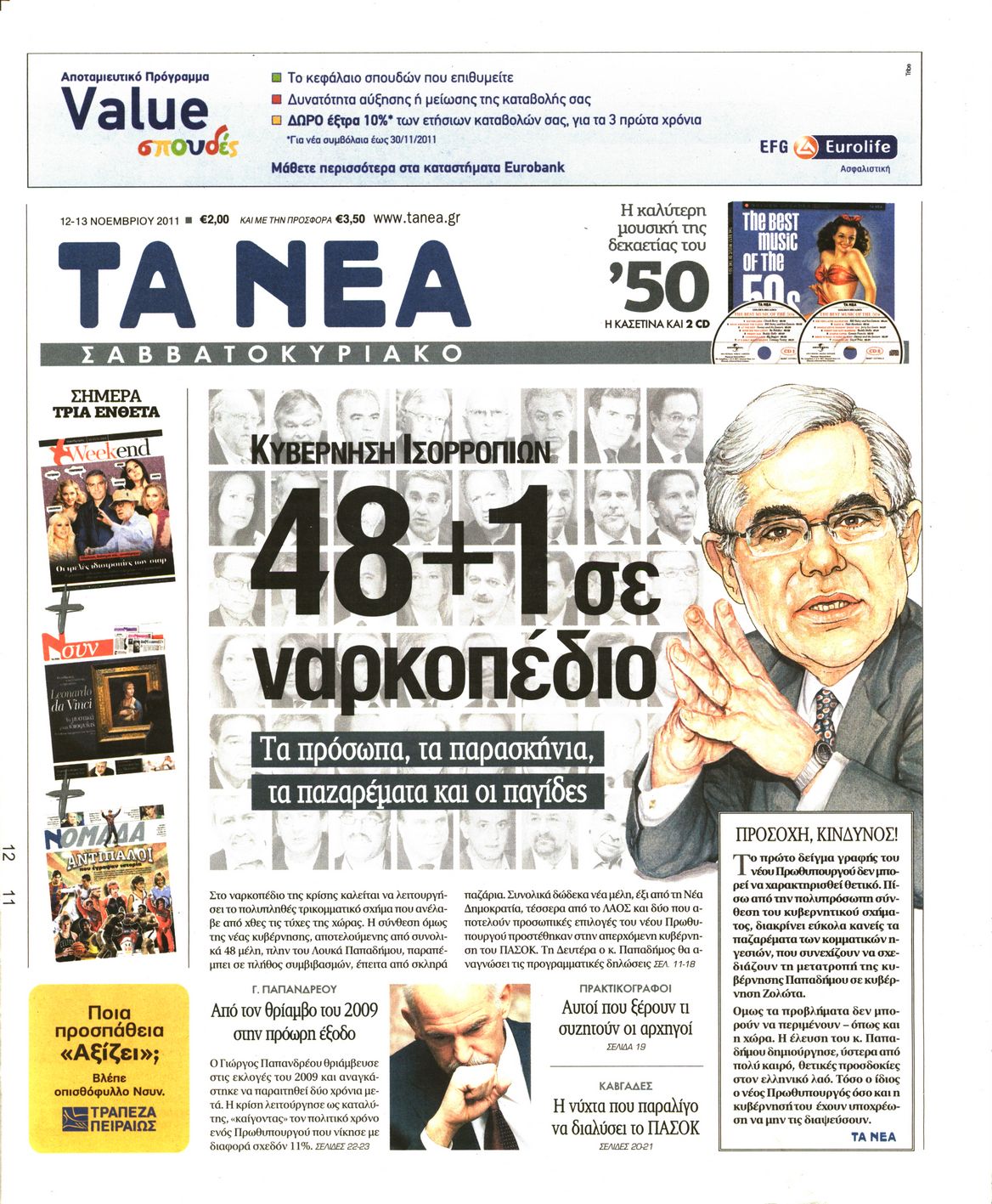 Εξώφυλο εφημερίδας ΤΑ ΝΕΑ 2011-11-12