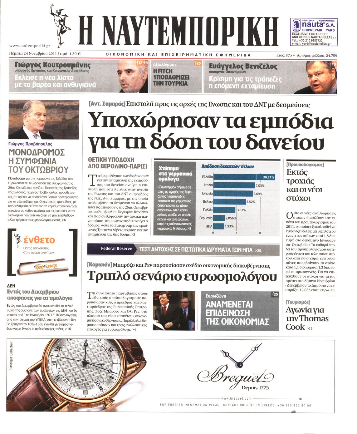 Εξώφυλο εφημερίδας ΝΑΥΤΕΜΠΟΡΙΚΗ 2011-11-24