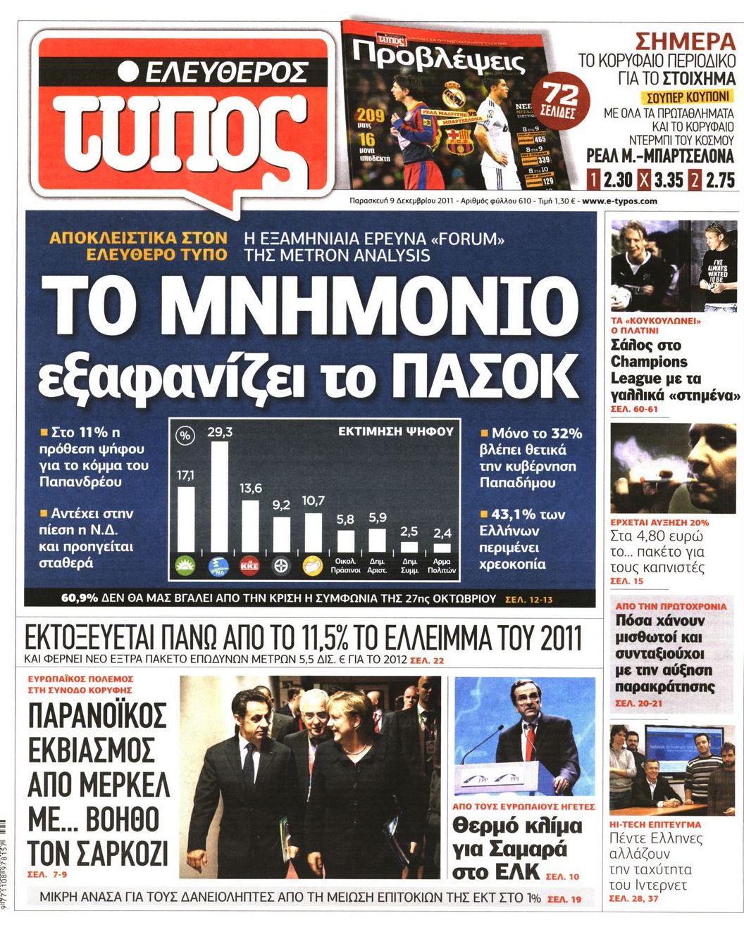 Εξώφυλο εφημερίδας ΕΛΕΥΘΕΡΟΣ ΤΥΠΟΣ 2011-12-09