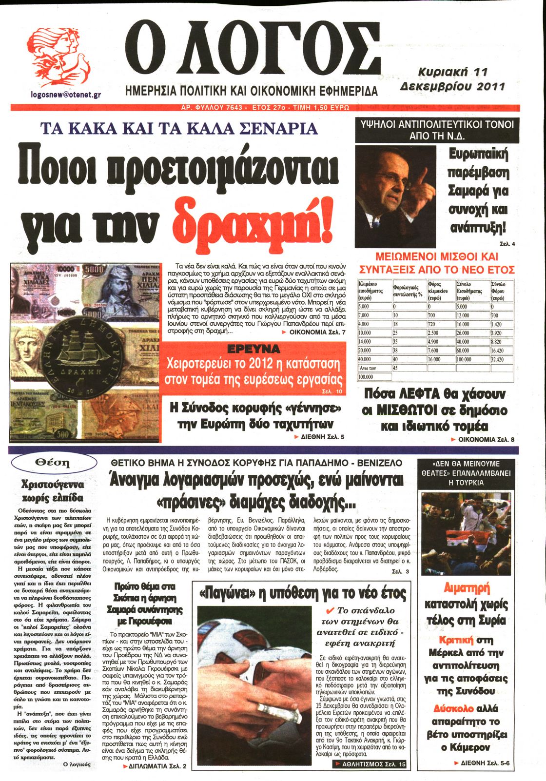 Εξώφυλο εφημερίδας Ο ΛΟΓΟΣ 2011-12-11
