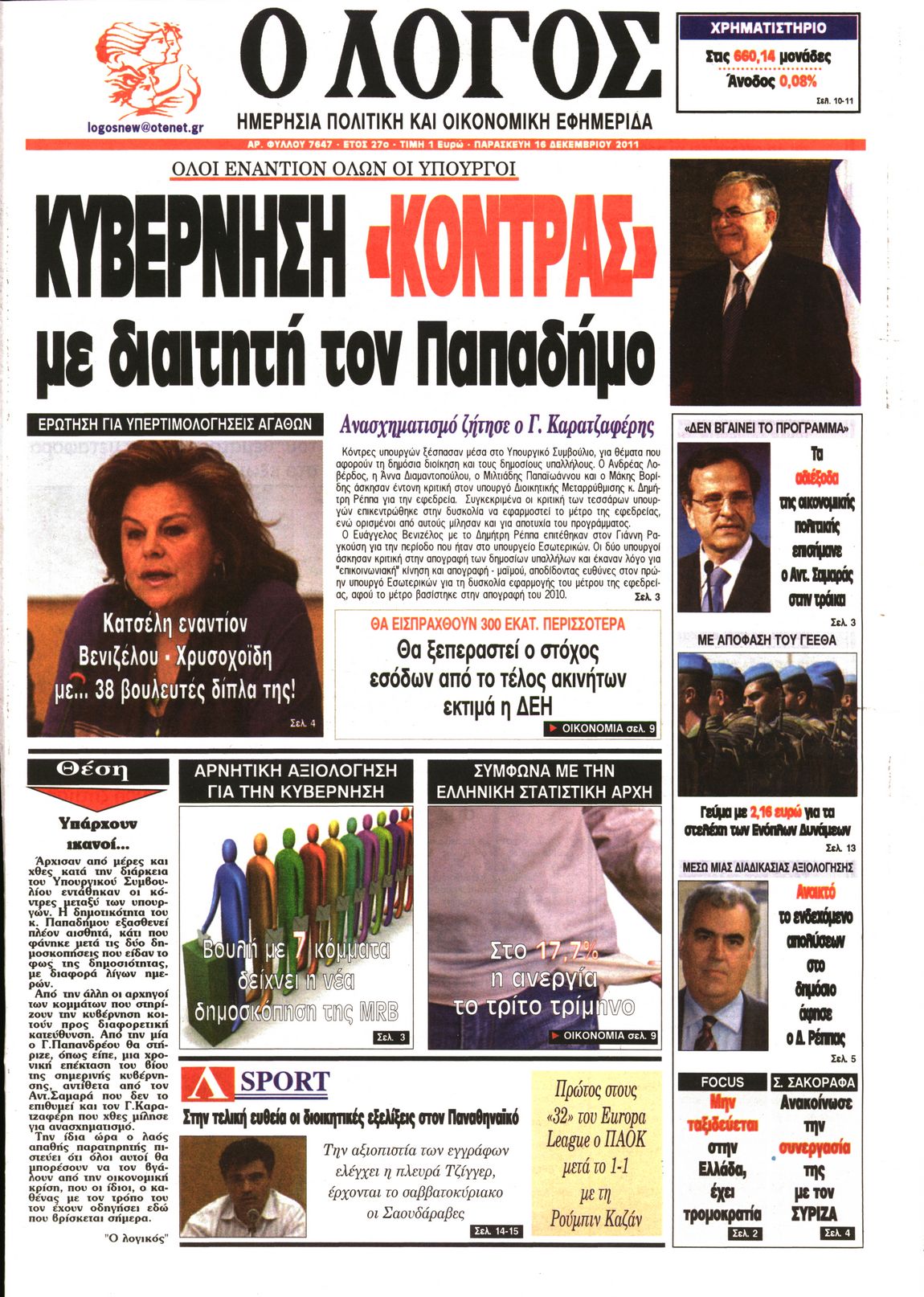 Εξώφυλο εφημερίδας Ο ΛΟΓΟΣ 2011-12-16