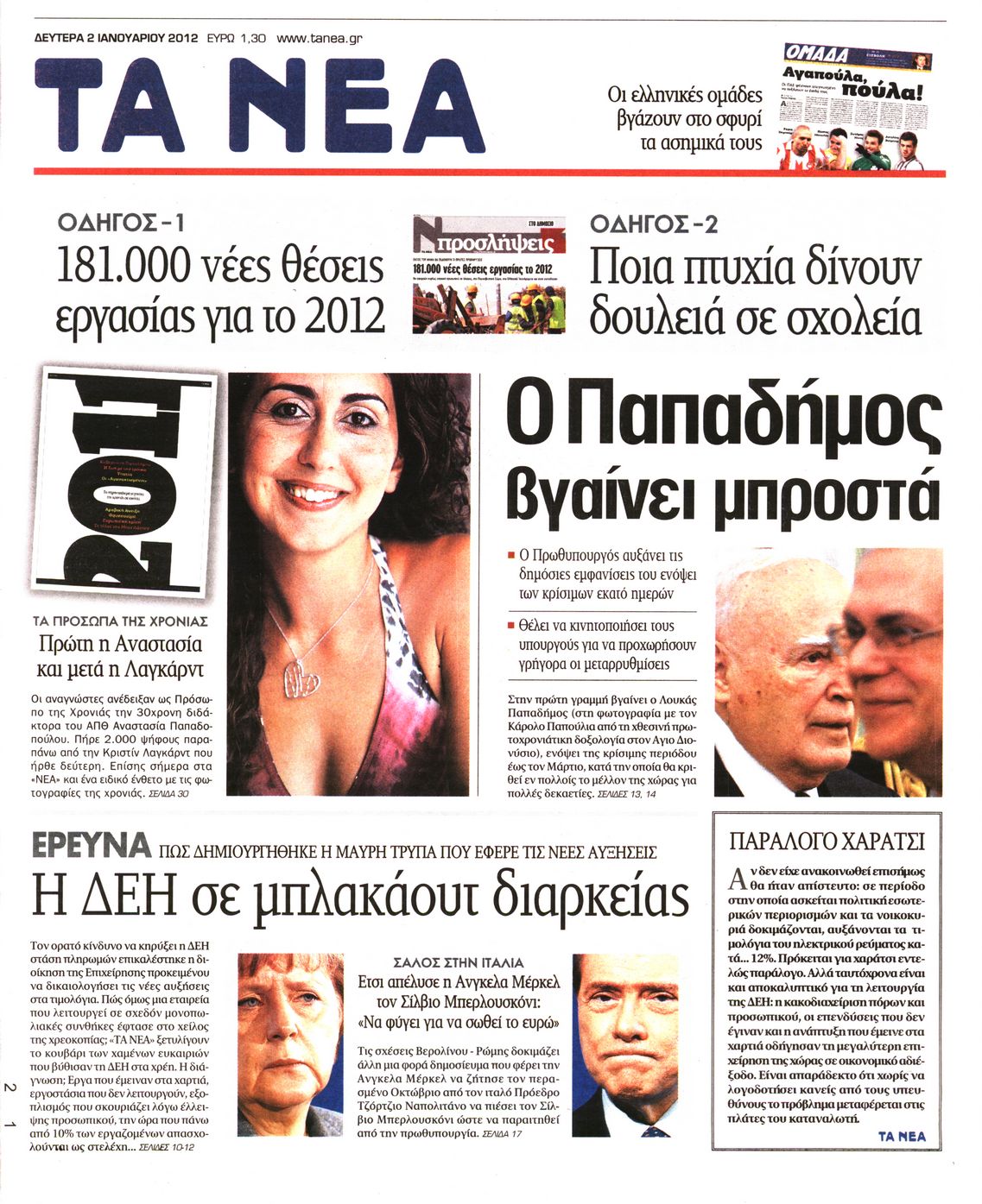 Εξώφυλο εφημερίδας ΤΑ ΝΕΑ 2012-01-02