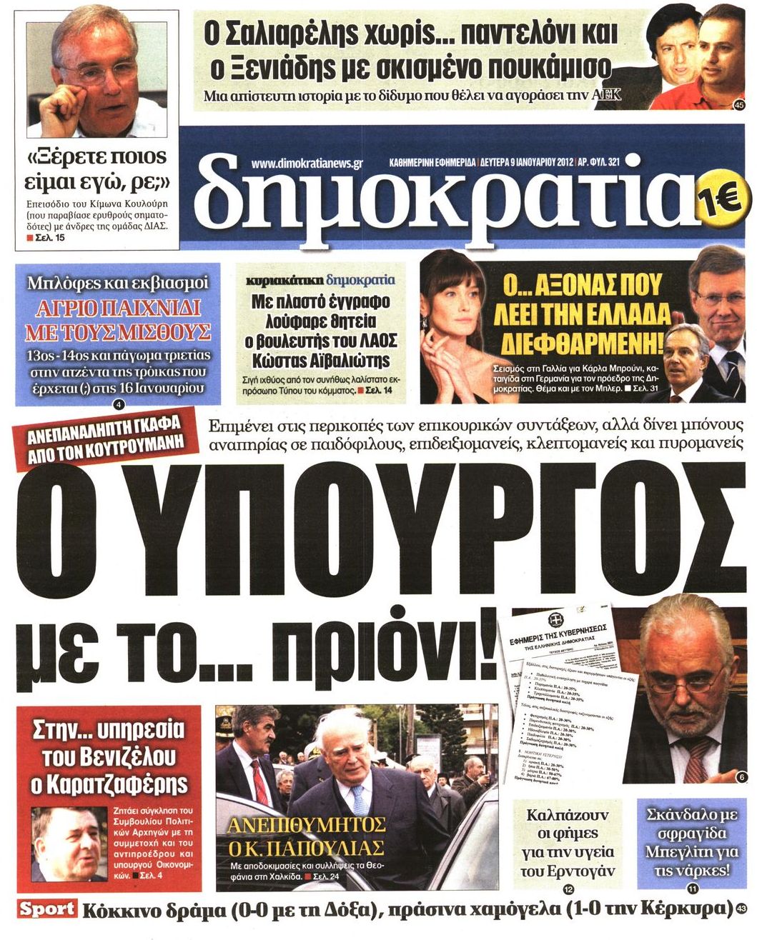 Εξώφυλο εφημερίδας ΔΗΜΟΚΡΑΤΙΑ 2012-01-09