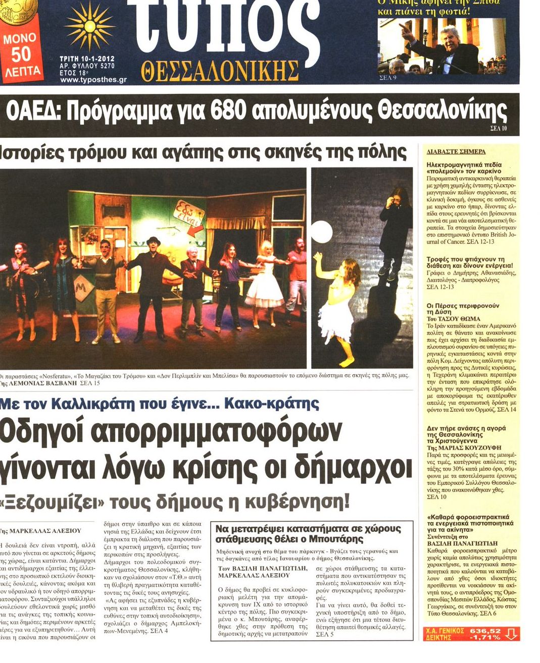Εξώφυλο εφημερίδας ΤΥΠΟΣ ΘΕΣ/ΝΙΚΗΣ 2012-01-10