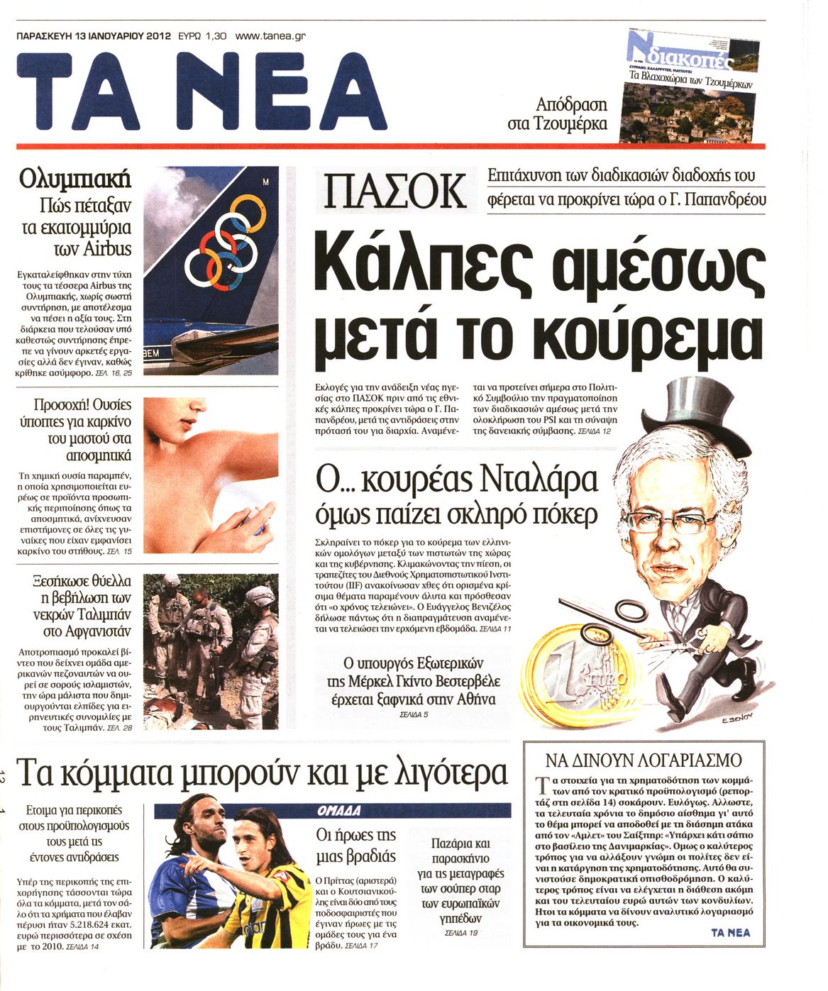 Εξώφυλο εφημερίδας ΤΑ ΝΕΑ 2012-01-13