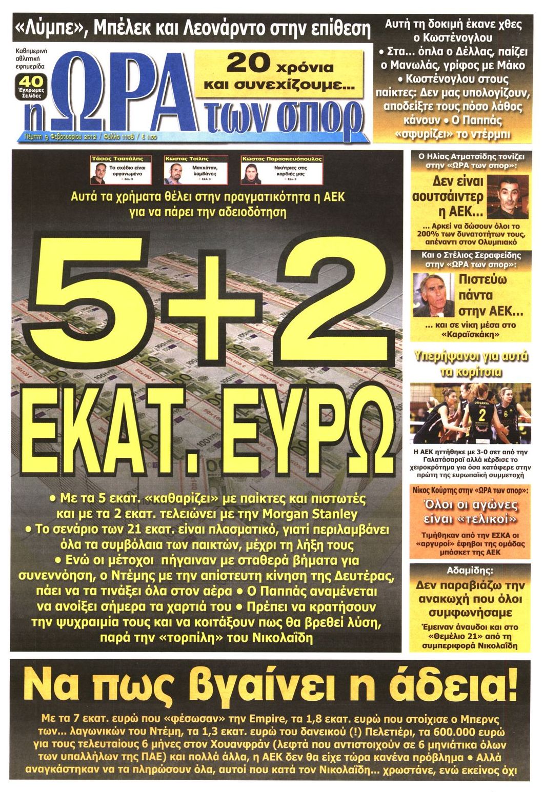 Εξώφυλο εφημερίδας ΩΡΑ ΓΙΑ ΣΠΟΡ 2012-02-09
