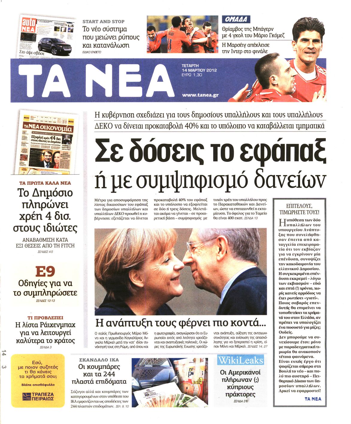Εξώφυλο εφημερίδας ΤΑ ΝΕΑ 2012-03-14