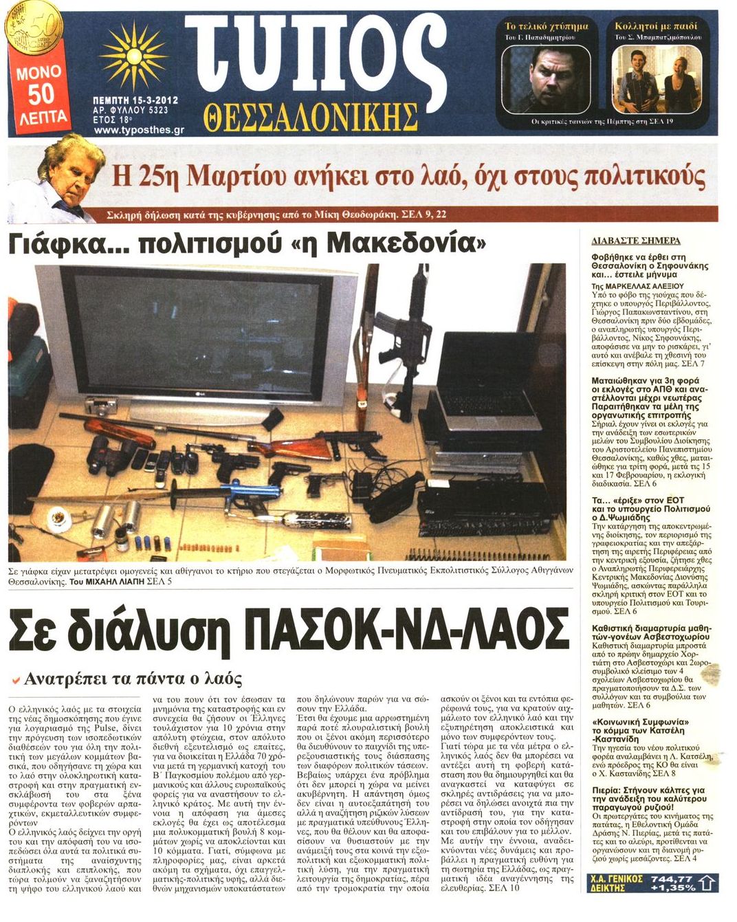 Εξώφυλο εφημερίδας ΤΥΠΟΣ ΘΕΣ/ΝΙΚΗΣ 2012-03-15