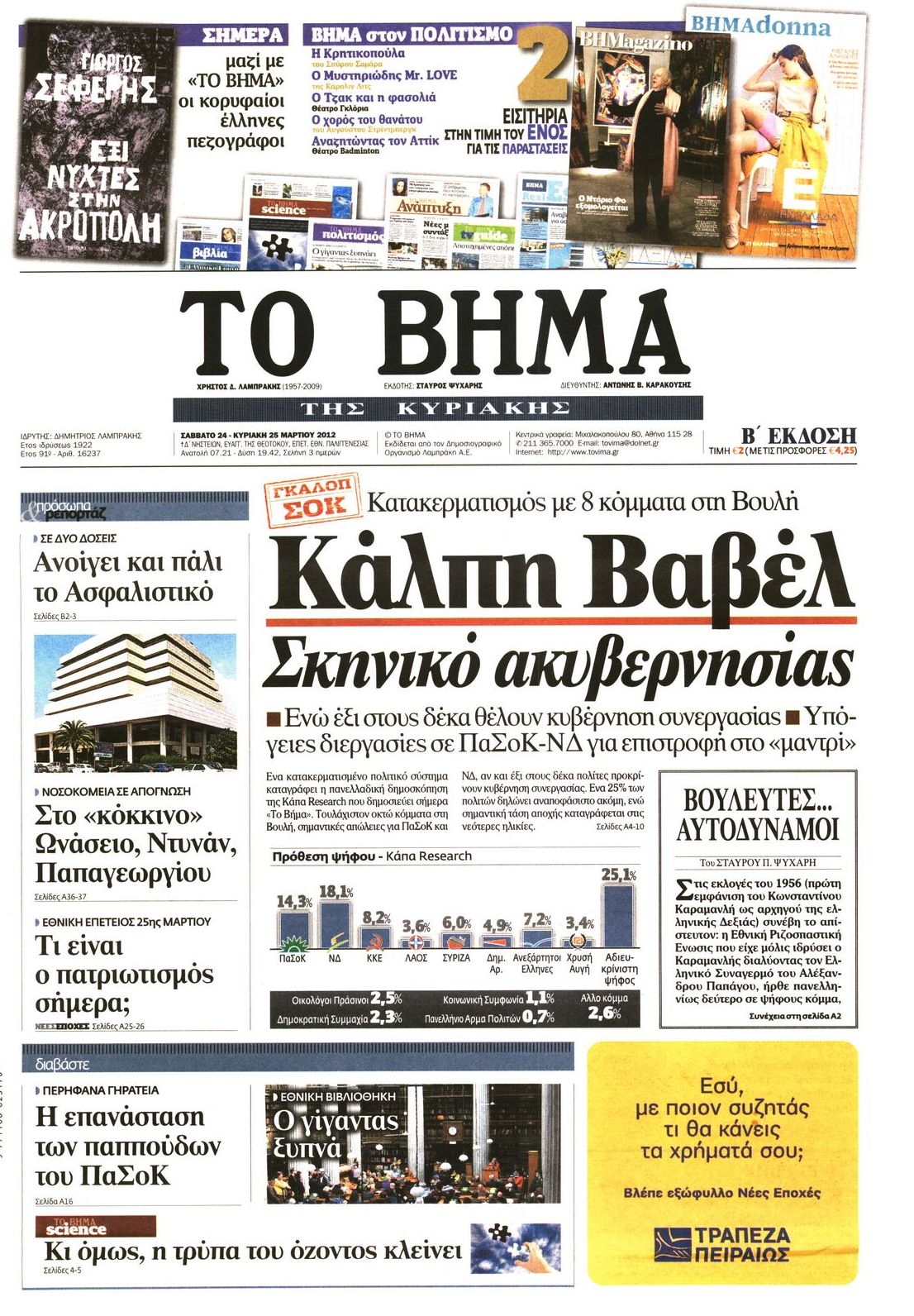 Εξώφυλο εφημερίδας ΤΟ ΒΗΜΑ 2012-03-24