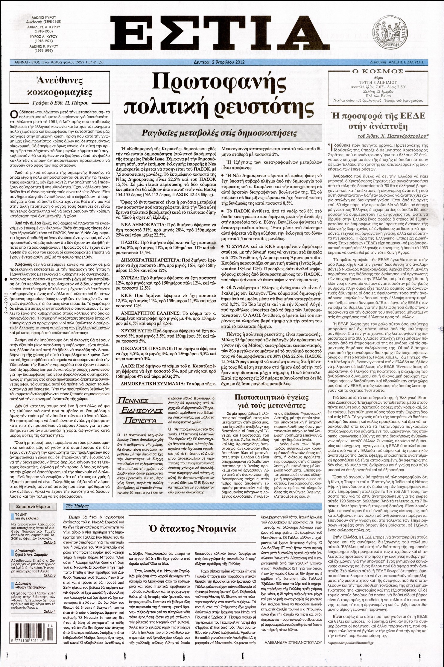 Εξώφυλο εφημερίδας ΕΣΤΙΑ 2012-04-02