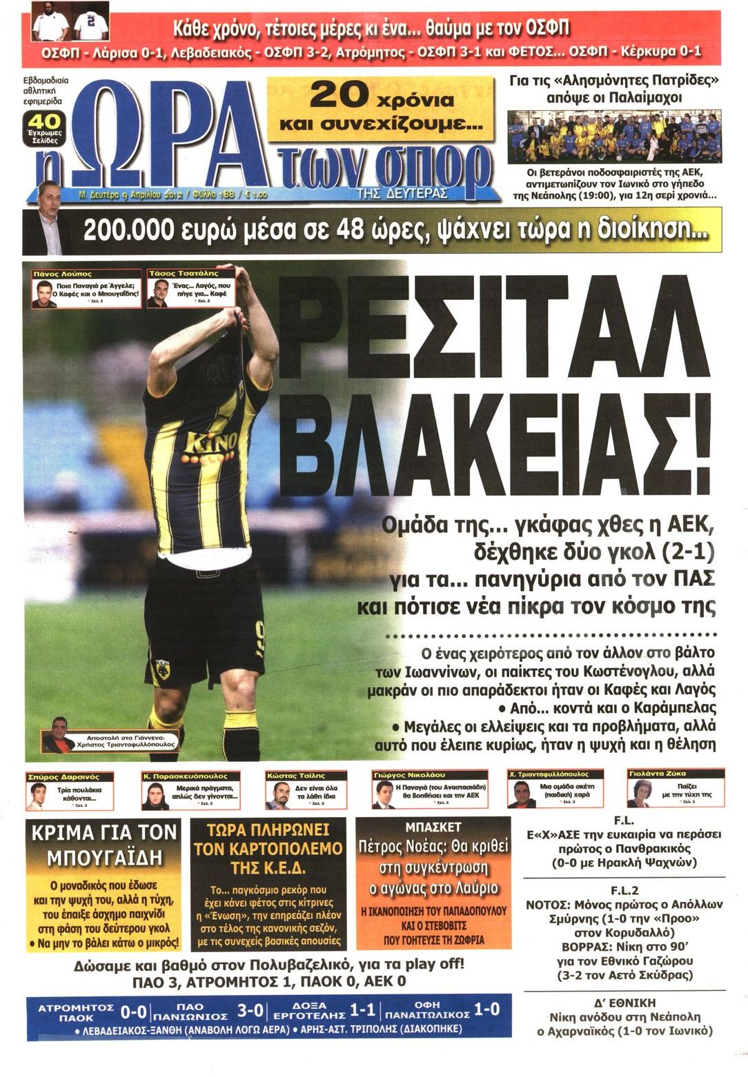 Εξώφυλο εφημερίδας ΩΡΑ ΓΙΑ ΣΠΟΡ 2012-04-09