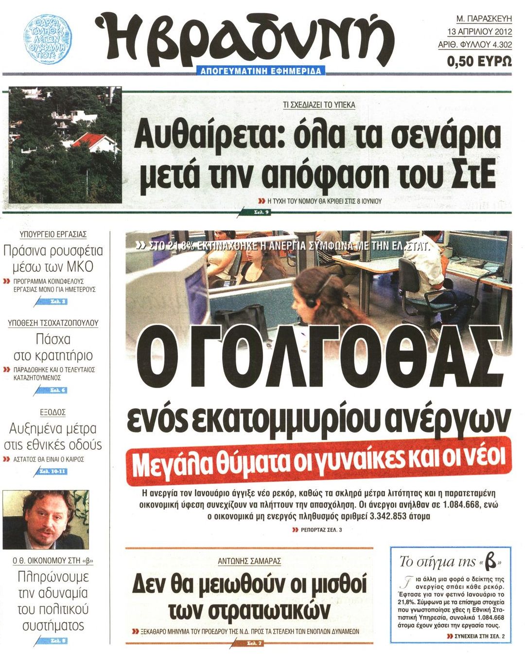 Εξώφυλο εφημερίδας ΒΡΑΔΥΝΗ 2012-04-13