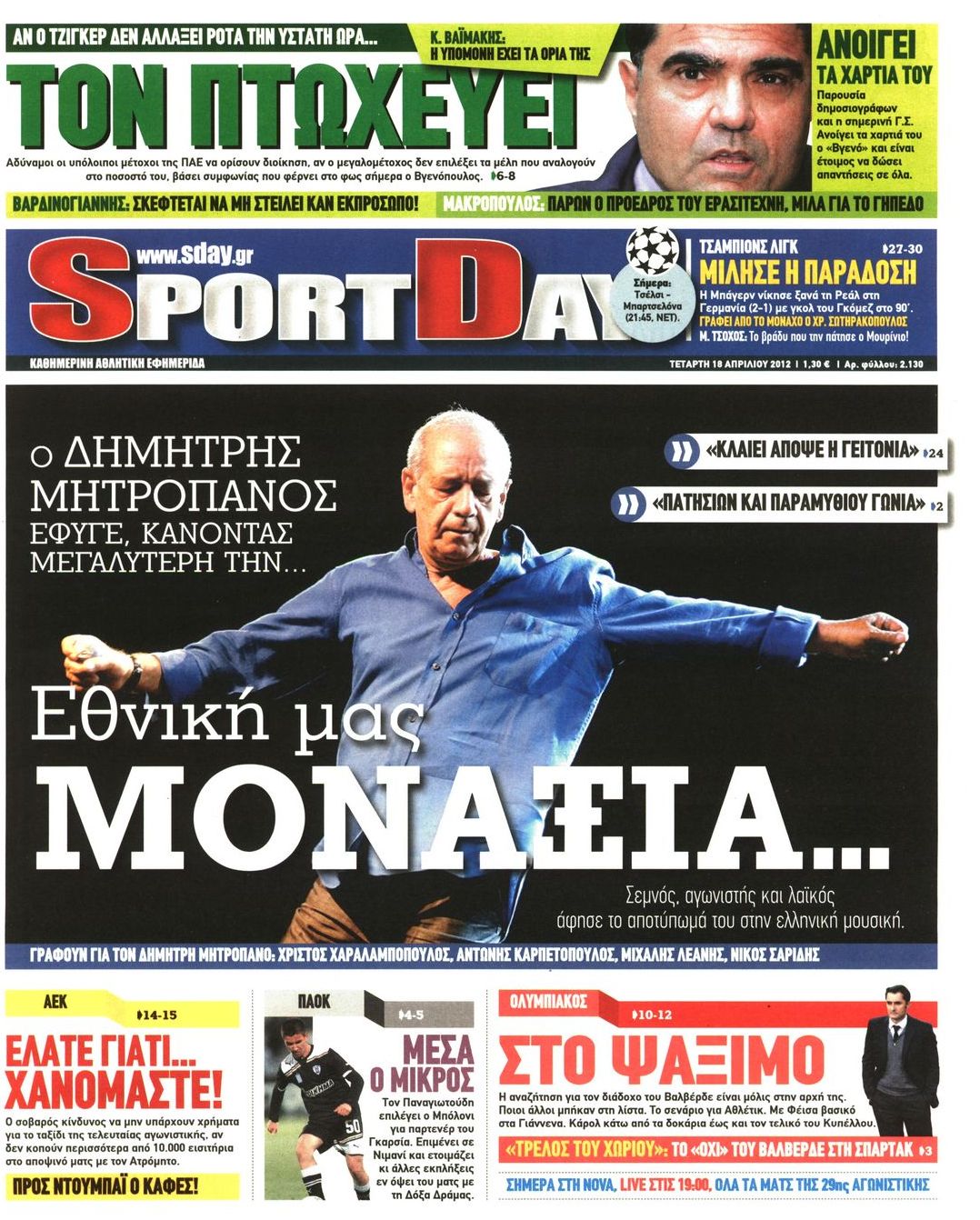 Εξώφυλο εφημερίδας SPORTDAY 2012-04-18
