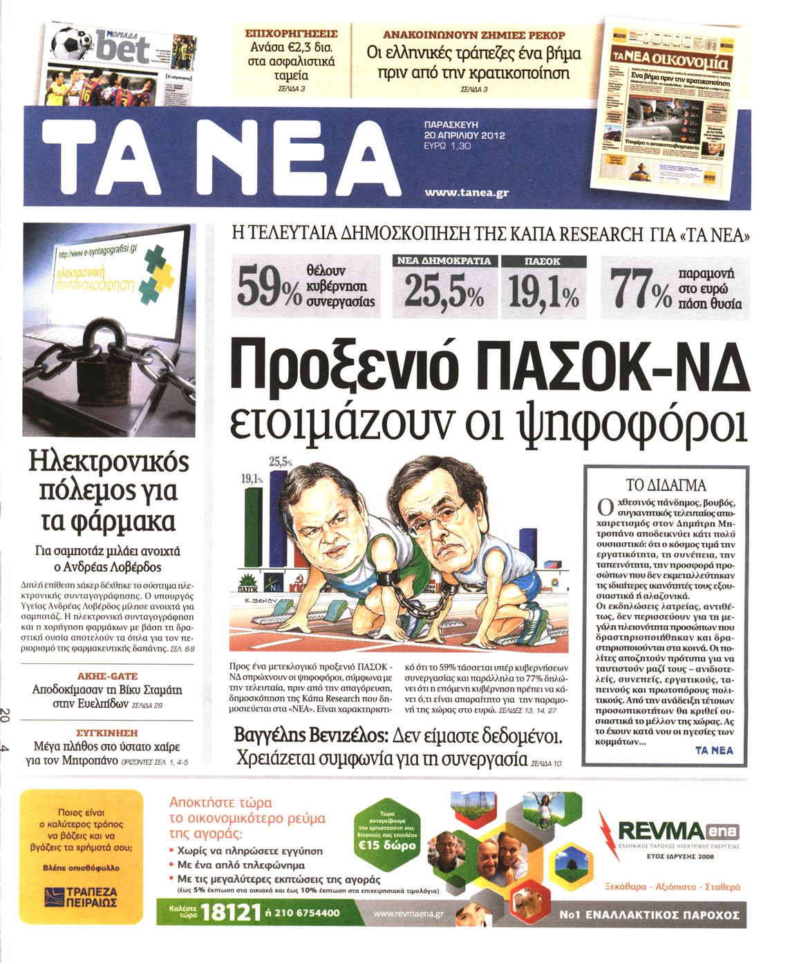 Εξώφυλο εφημερίδας ΤΑ ΝΕΑ 2012-04-20