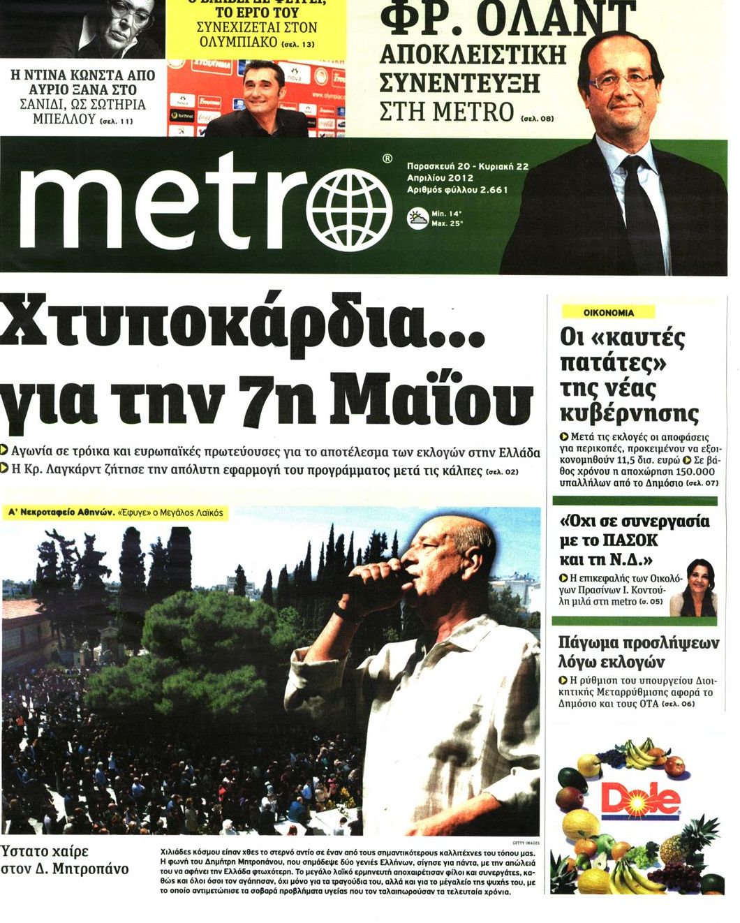 Εξώφυλο εφημερίδας METRO 2012-04-20