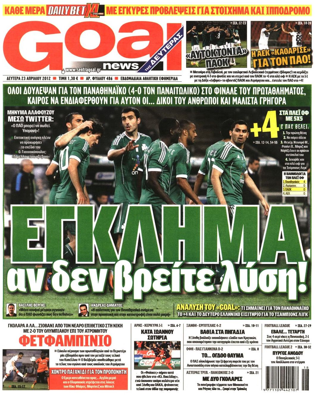 Εξώφυλο εφημερίδας GOAL 2012-04-23