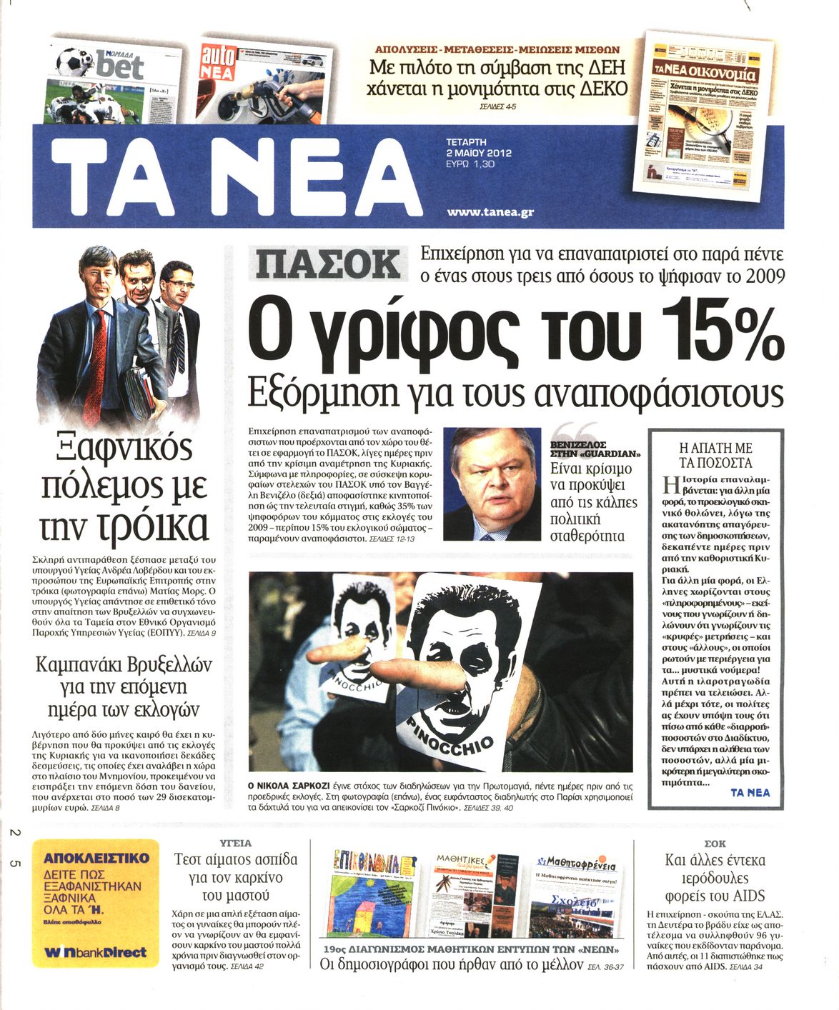 Εξώφυλο εφημερίδας ΤΑ ΝΕΑ 2012-05-02