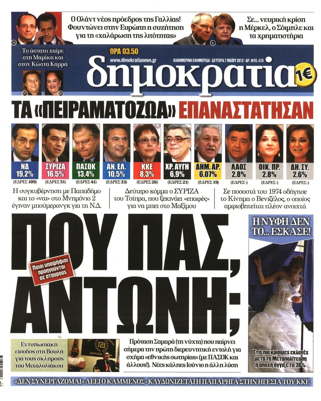 Εξώφυλο εφημερίδας ΔΗΜΟΚΡΑΤΙΑ 2012-05-07
