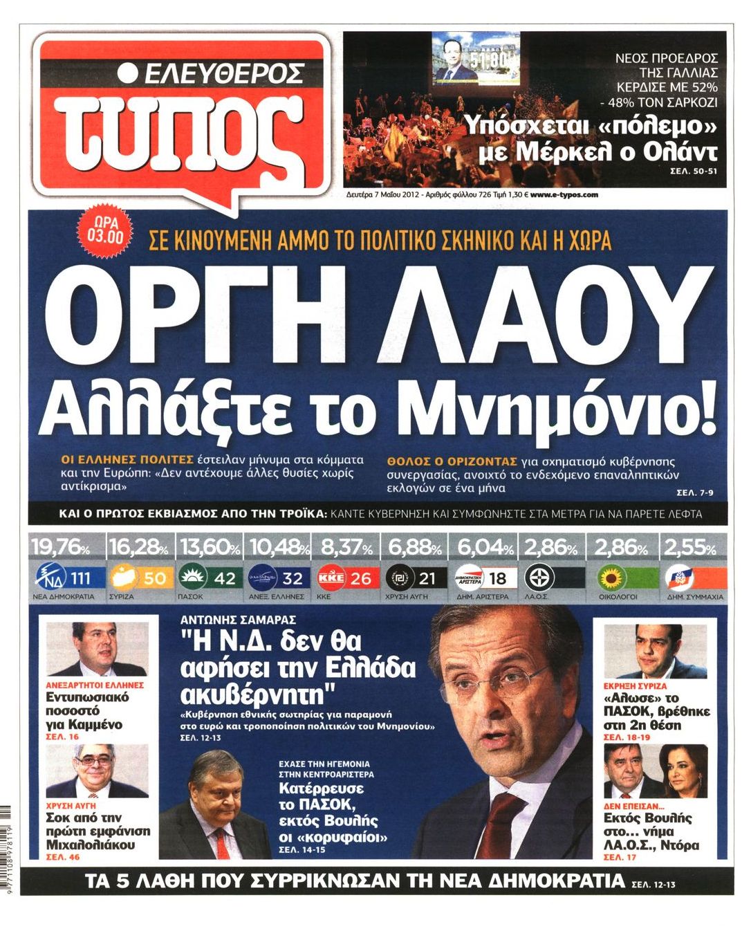 Εξώφυλο εφημερίδας ΕΛΕΥΘΕΡΟΣ ΤΥΠΟΣ 2012-05-07