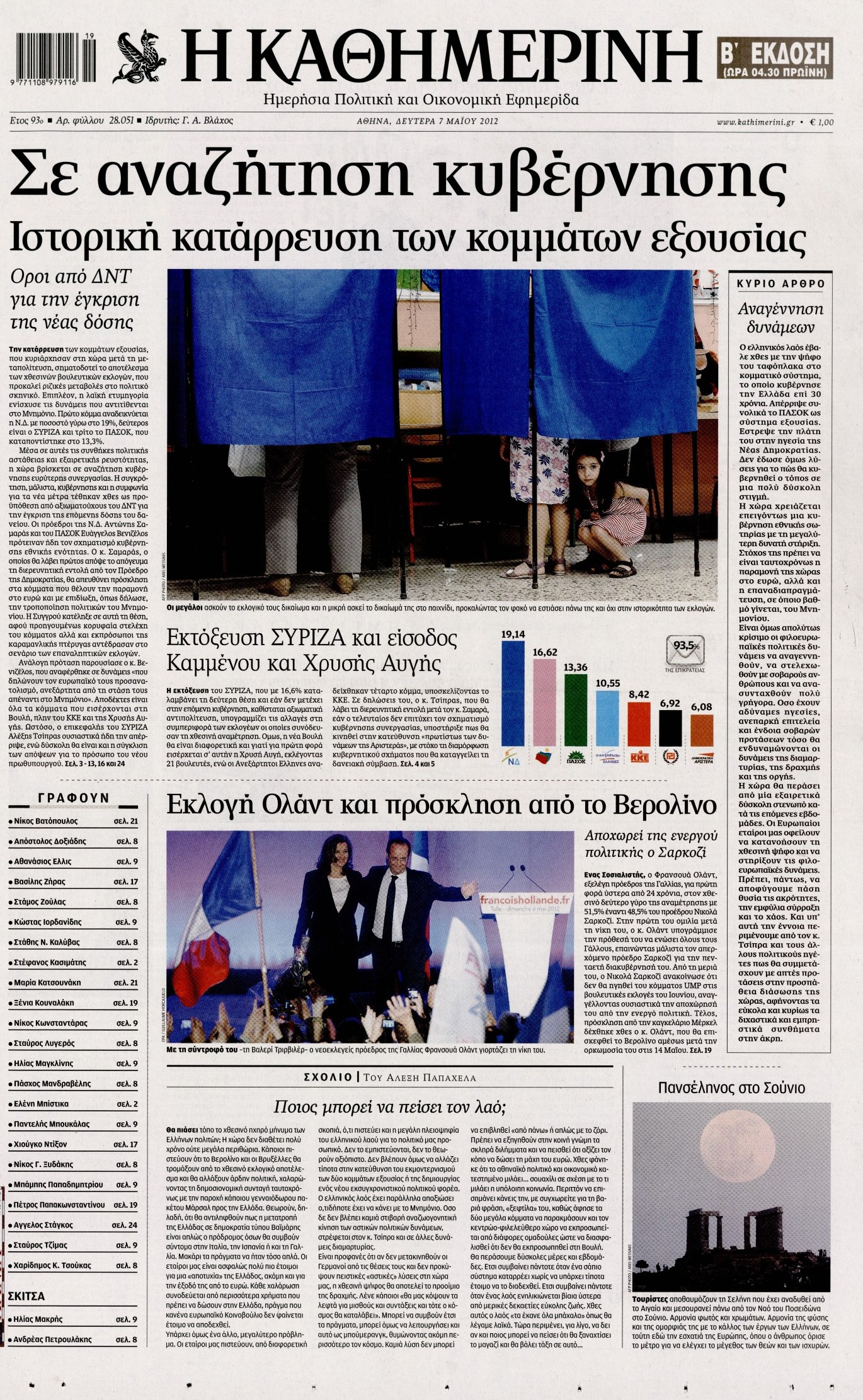 Εξώφυλο εφημερίδας ΚΑΘΗΜΕΡΙΝΗ 2012-05-07