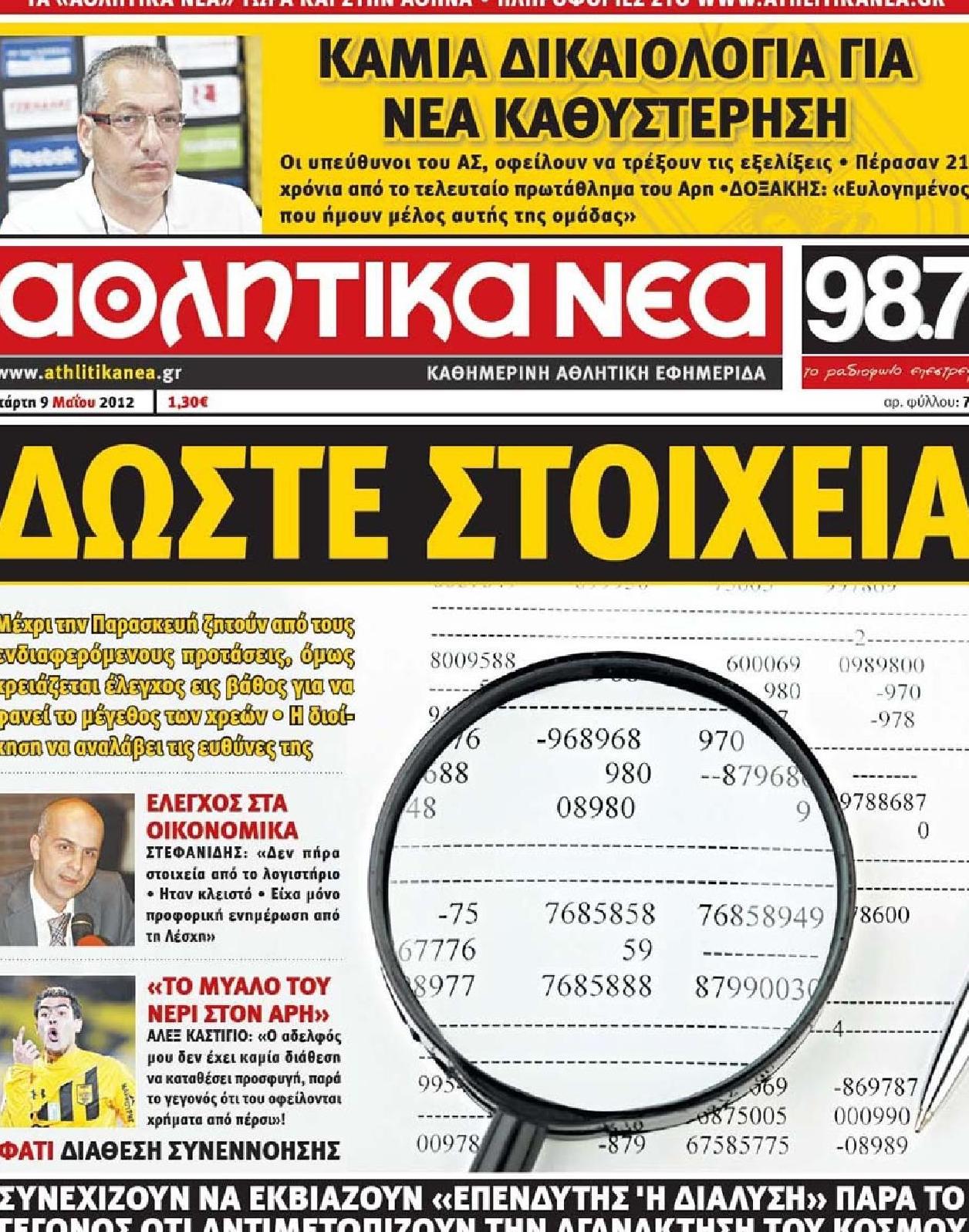 Εξώφυλο εφημερίδας ΑΘΛΗΤΙΚΑ ΝΕΑ 2012-05-09