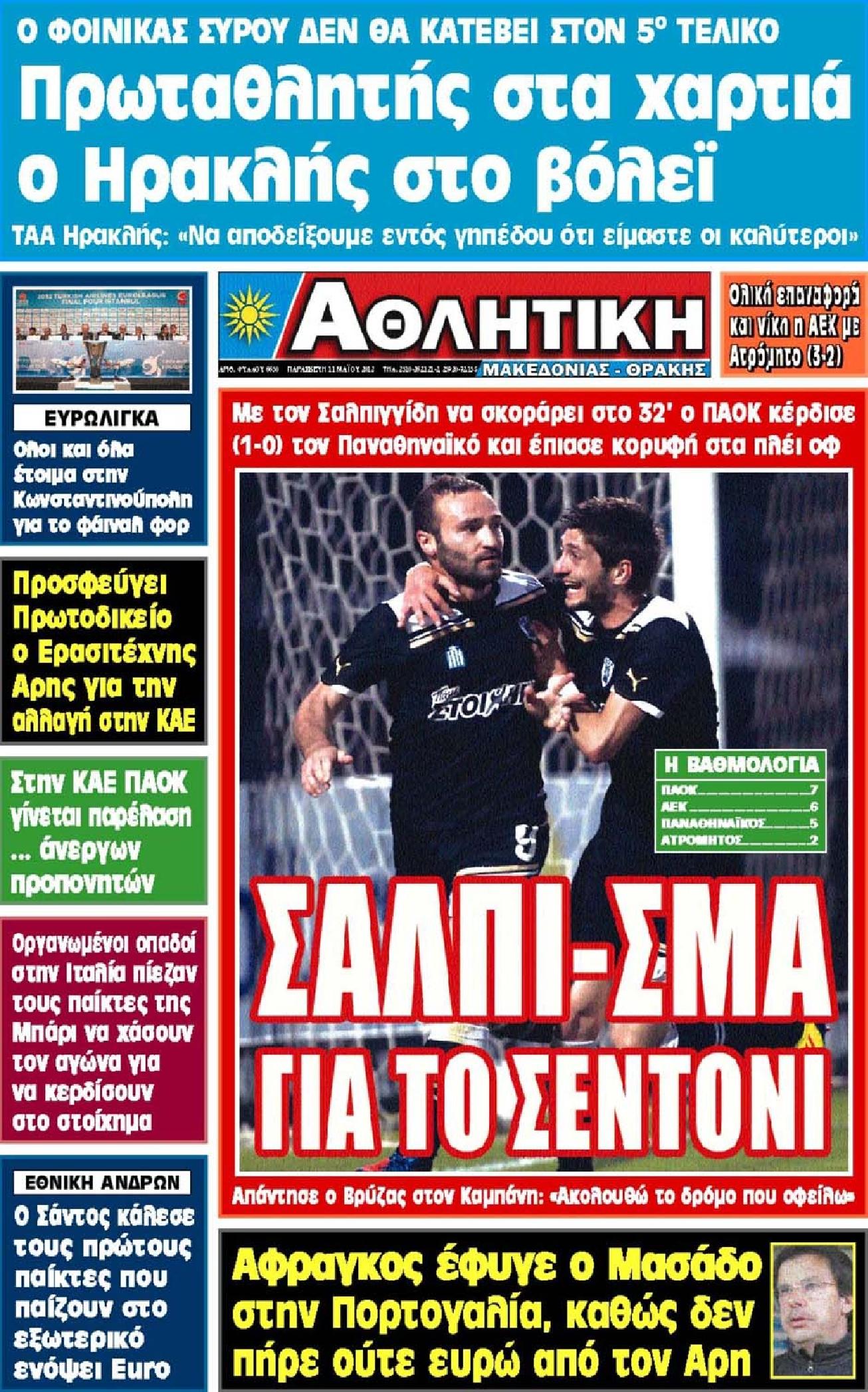 Εξώφυλο εφημερίδας ΑΘΛΗΤΙΚΗ Μ & Θ 2012-05-11