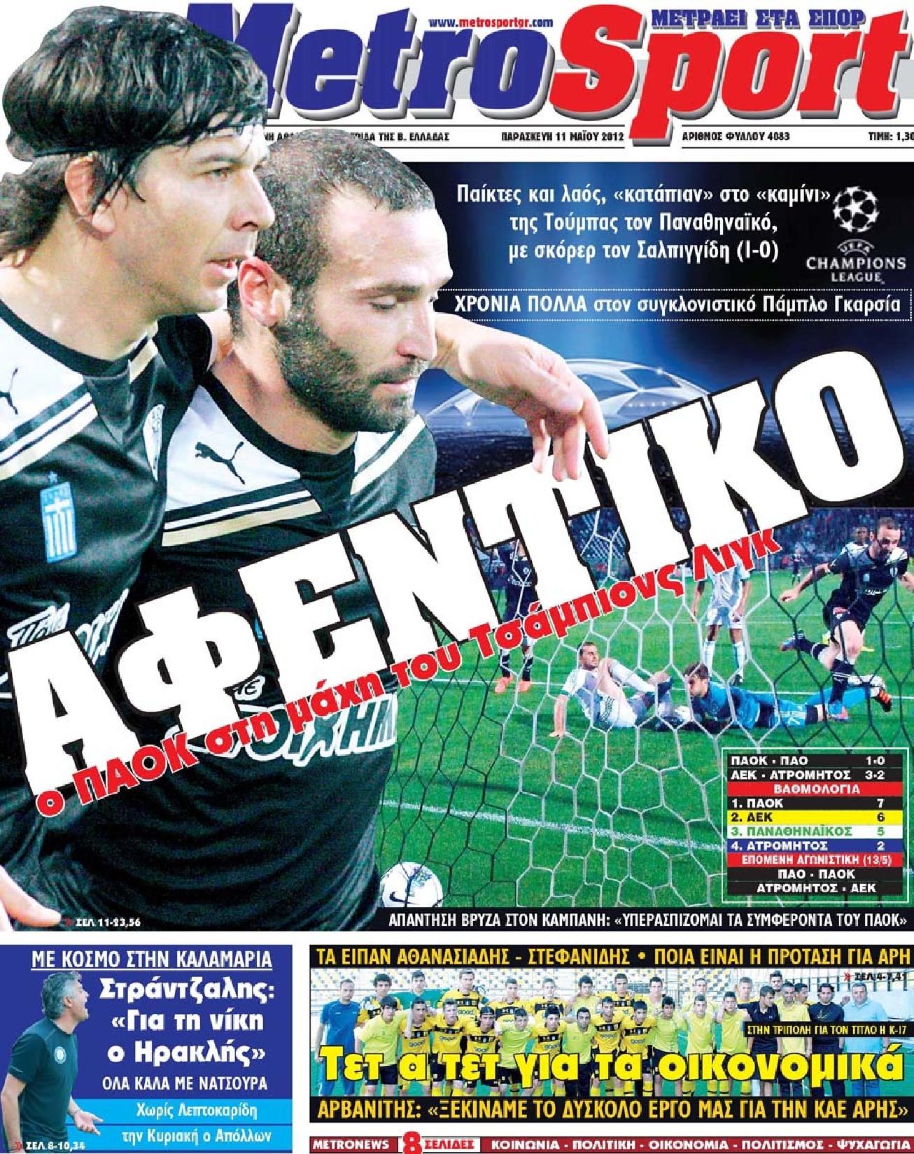 Εξώφυλο εφημερίδας METROSPORT 2012-05-11
