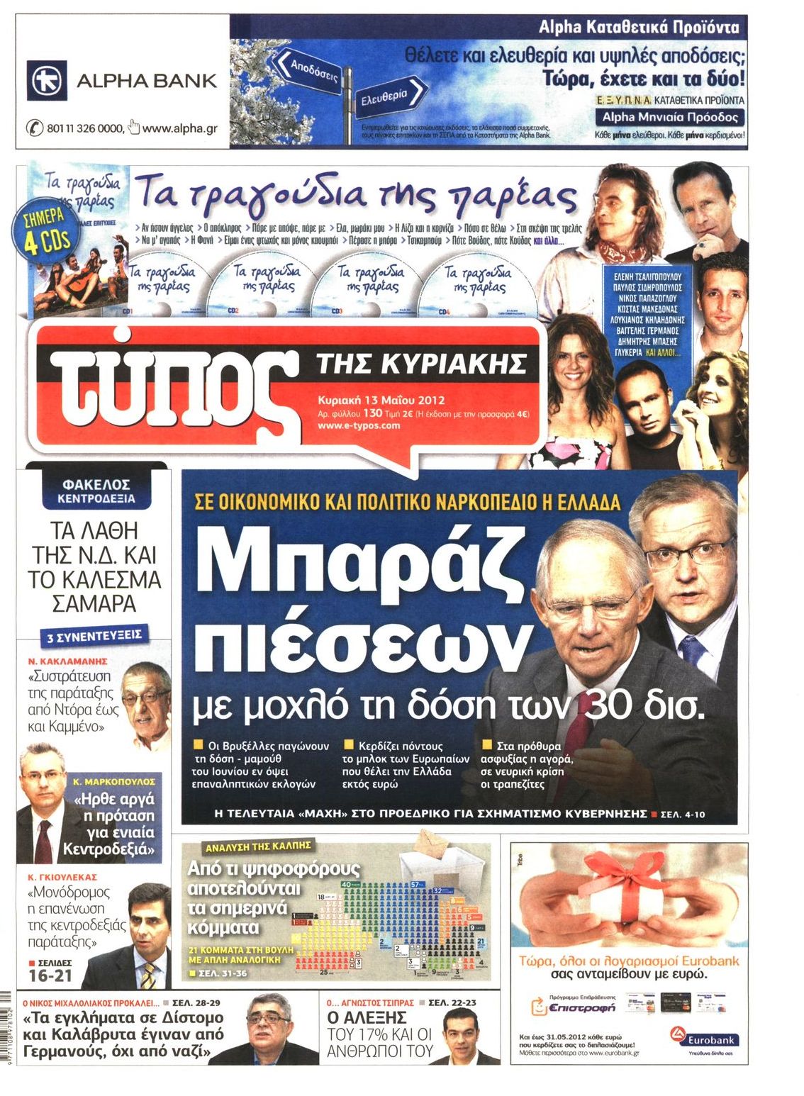 Εξώφυλο εφημερίδας ΕΛΕΥΘΕΡΟΣ ΤΥΠΟΣ 2012-05-13