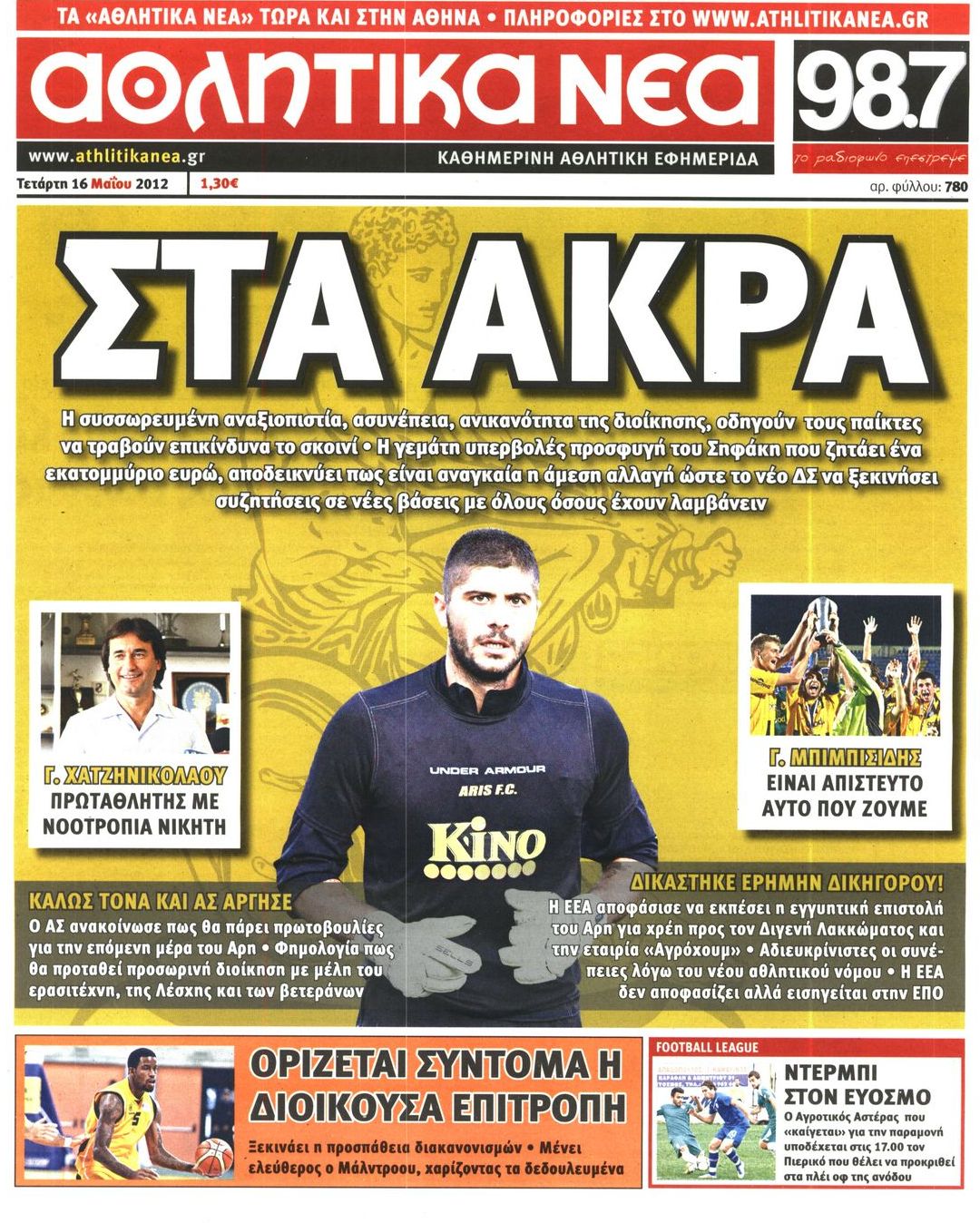 Εξώφυλο εφημερίδας ΑΘΛΗΤΙΚΑ ΝΕΑ 2012-05-16