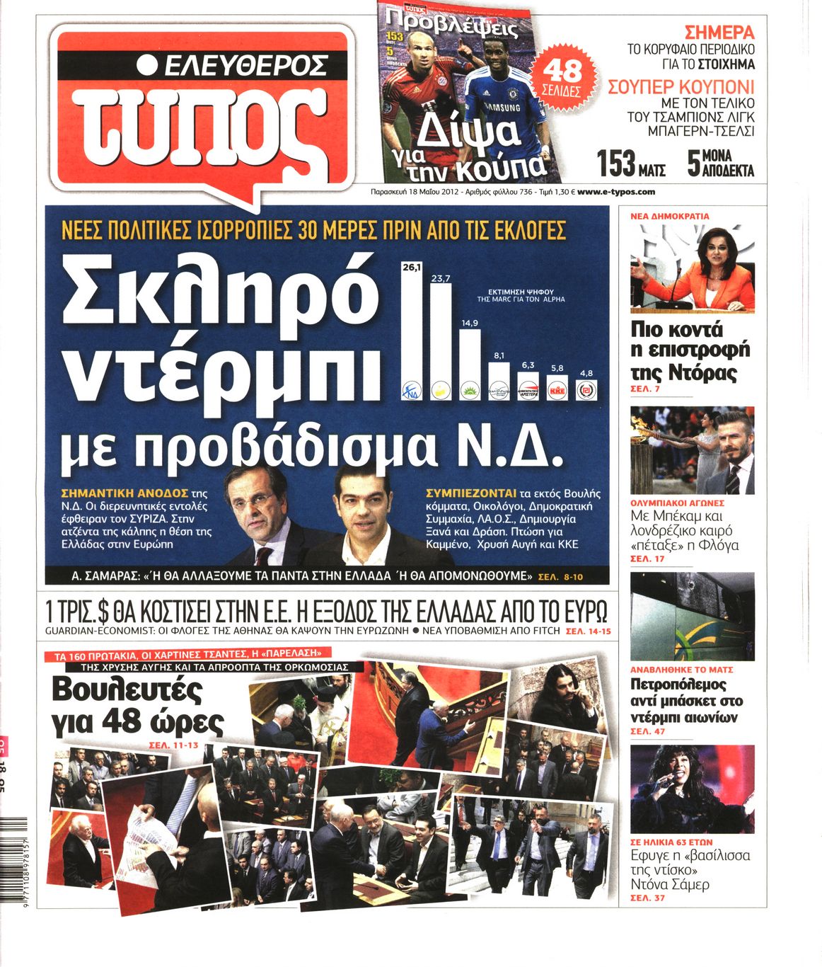 Εξώφυλο εφημερίδας ΕΛΕΥΘΕΡΟΣ ΤΥΠΟΣ 2012-05-18