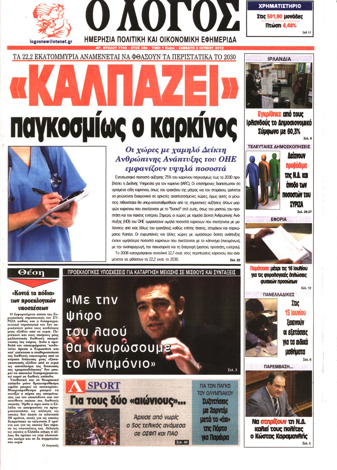 Εξώφυλο εφημερίδας Ο ΛΟΓΟΣ 2012-06-02
