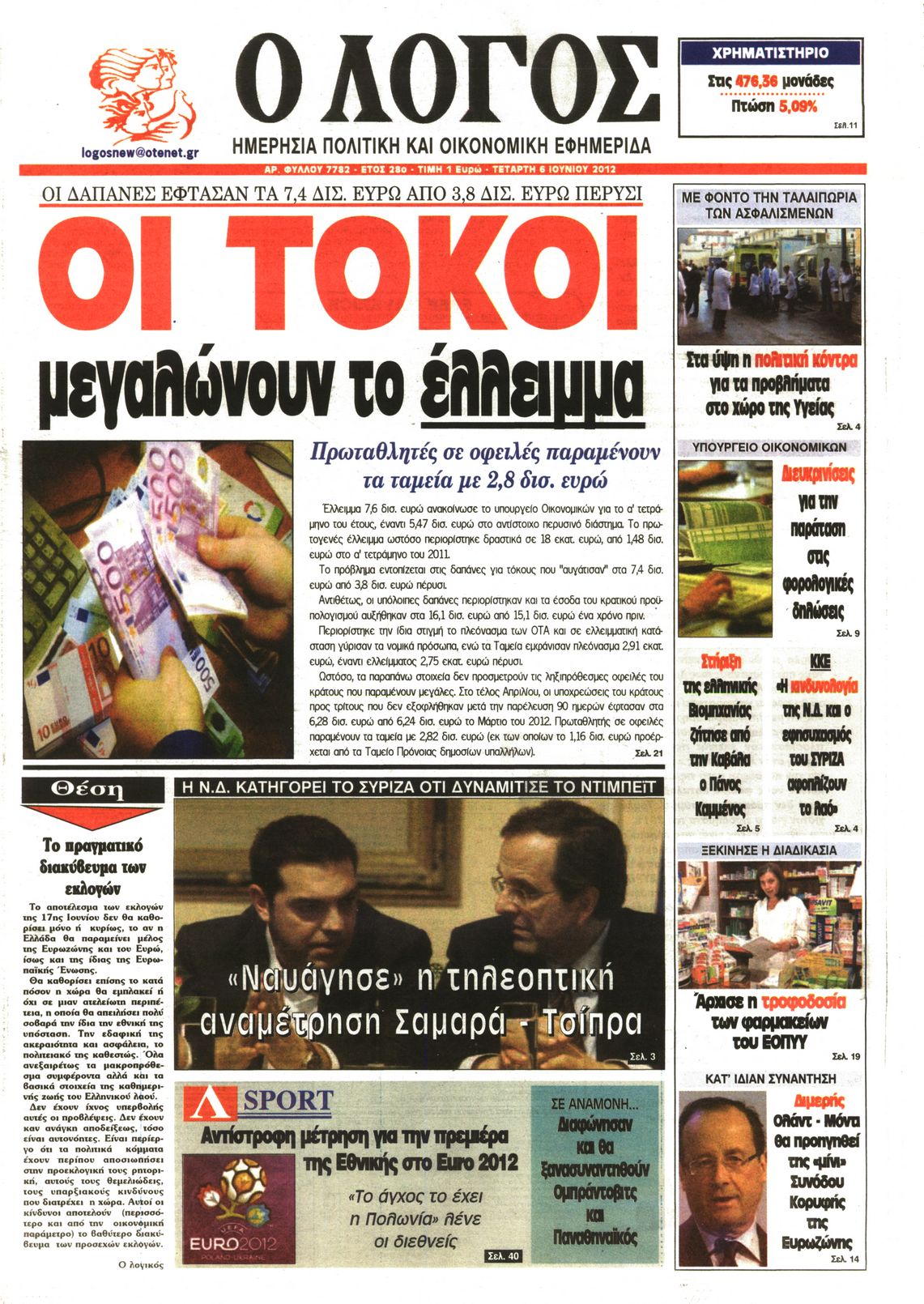 Εξώφυλο εφημερίδας Ο ΛΟΓΟΣ 2012-06-06