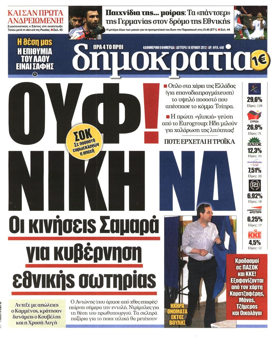 Εξώφυλο εφημερίδας ΔΗΜΟΚΡΑΤΙΑ 2012-06-18