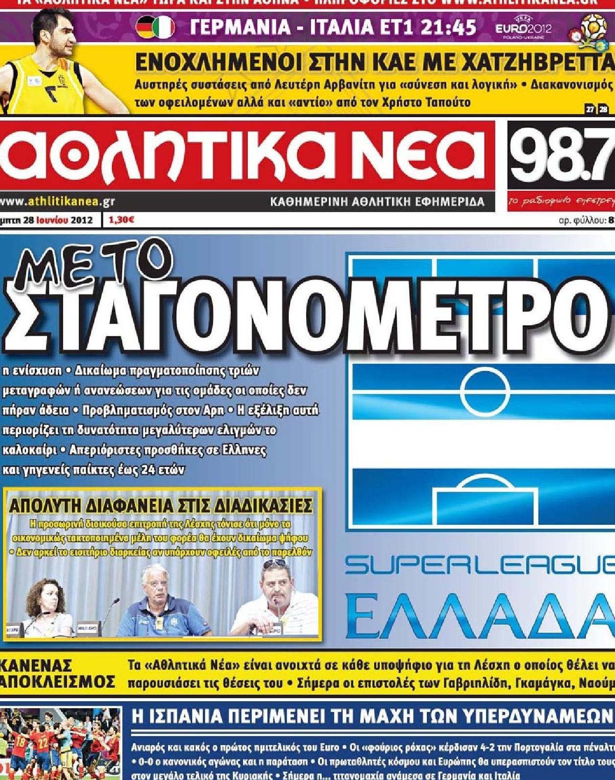 Εξώφυλο εφημερίδας ΑΘΛΗΤΙΚΑ ΝΕΑ 2012-06-28