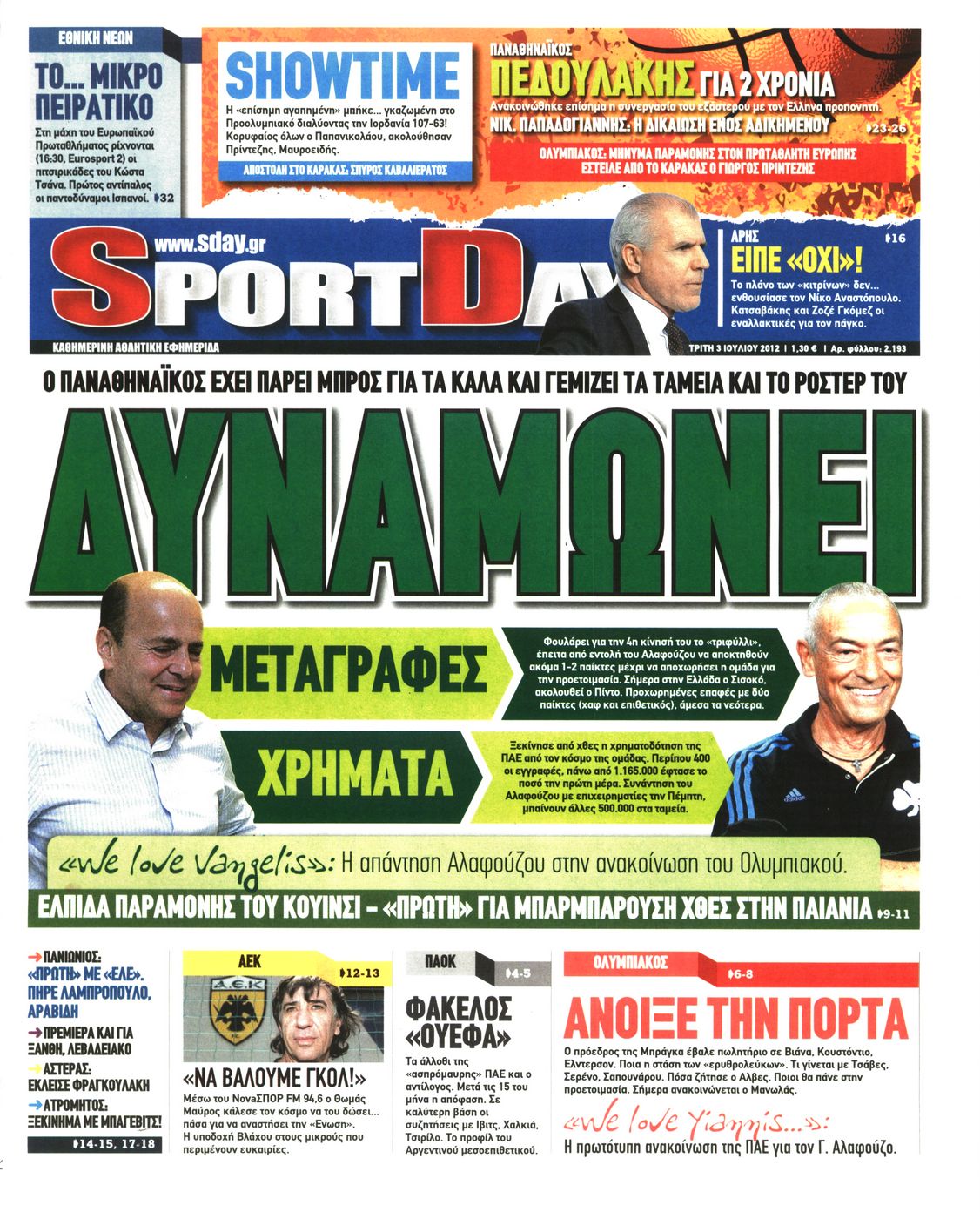 Εξώφυλο εφημερίδας SPORTDAY 2012-07-03
